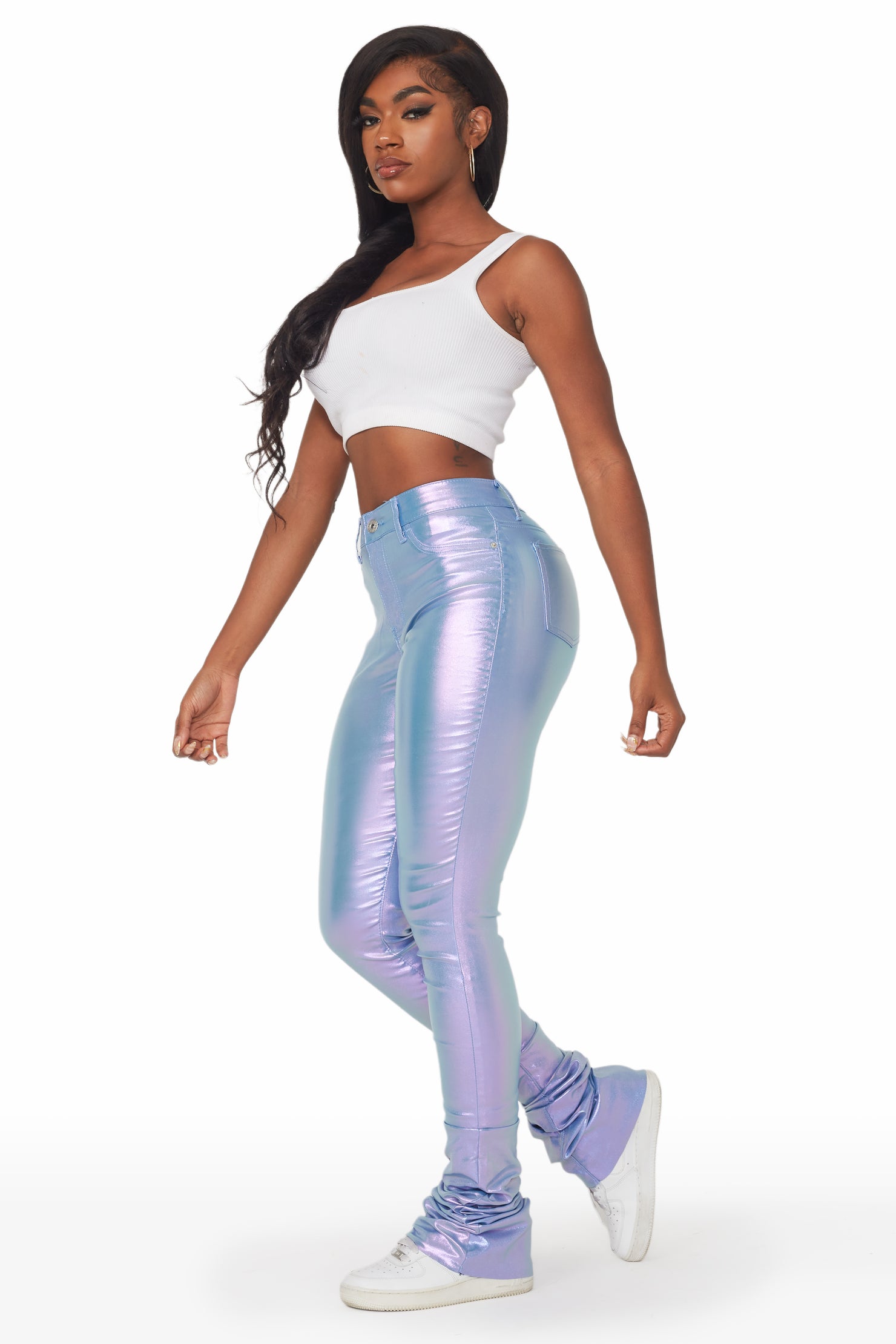 Zaniyah Metallic Purple PU Super Stacked Pant