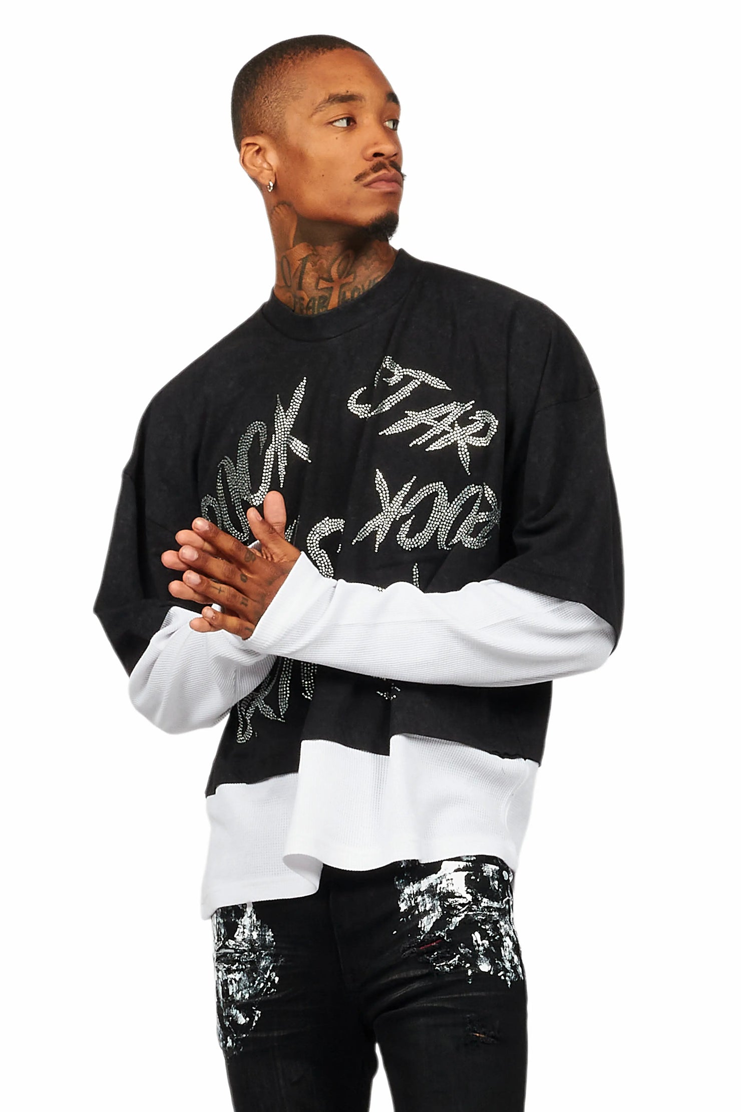 Bence Vintage Black Thermal Double Layer Boxy Crop T-Shirt