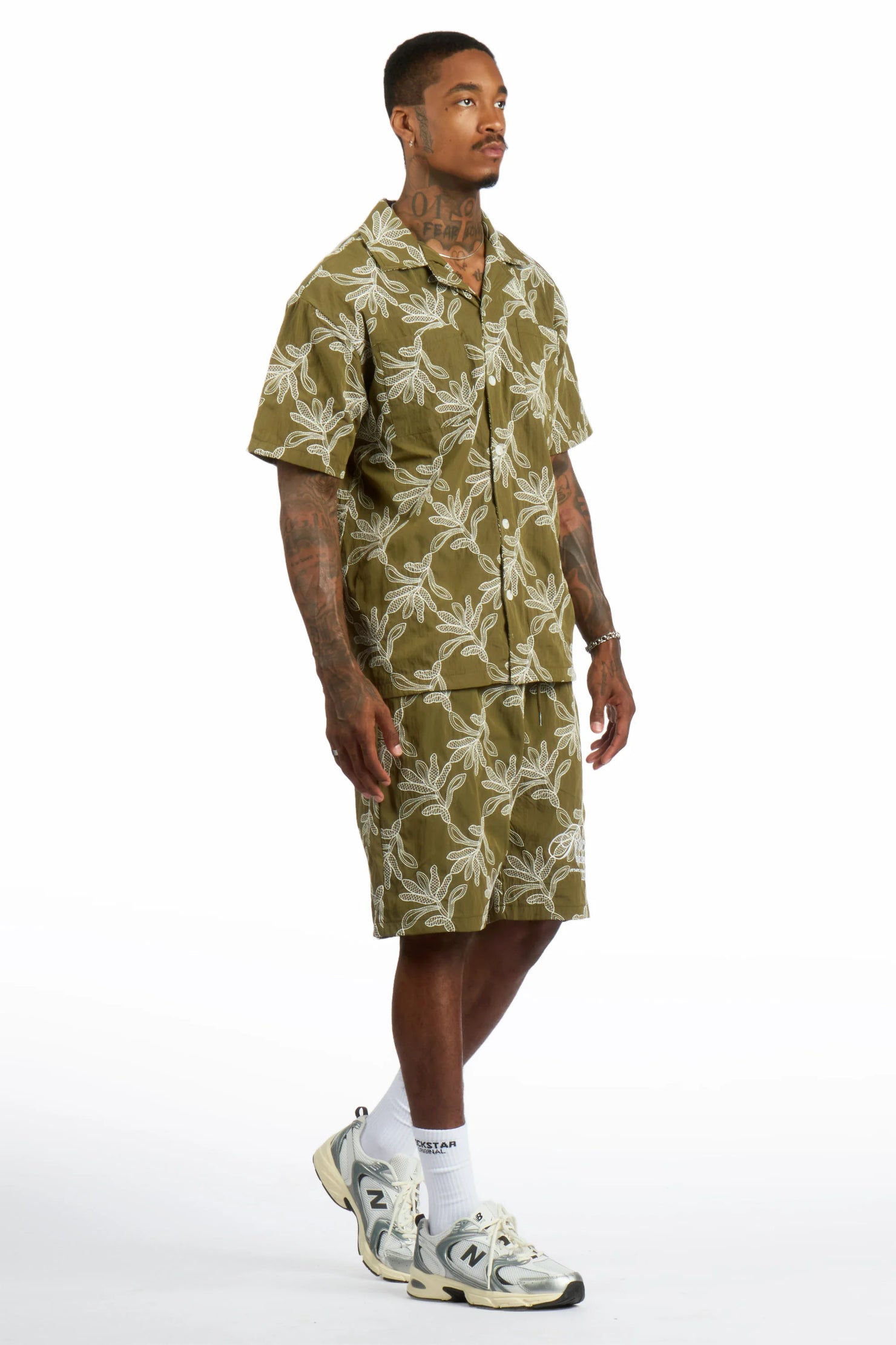 Merle Olive/White Button Down Shirt/Short Set