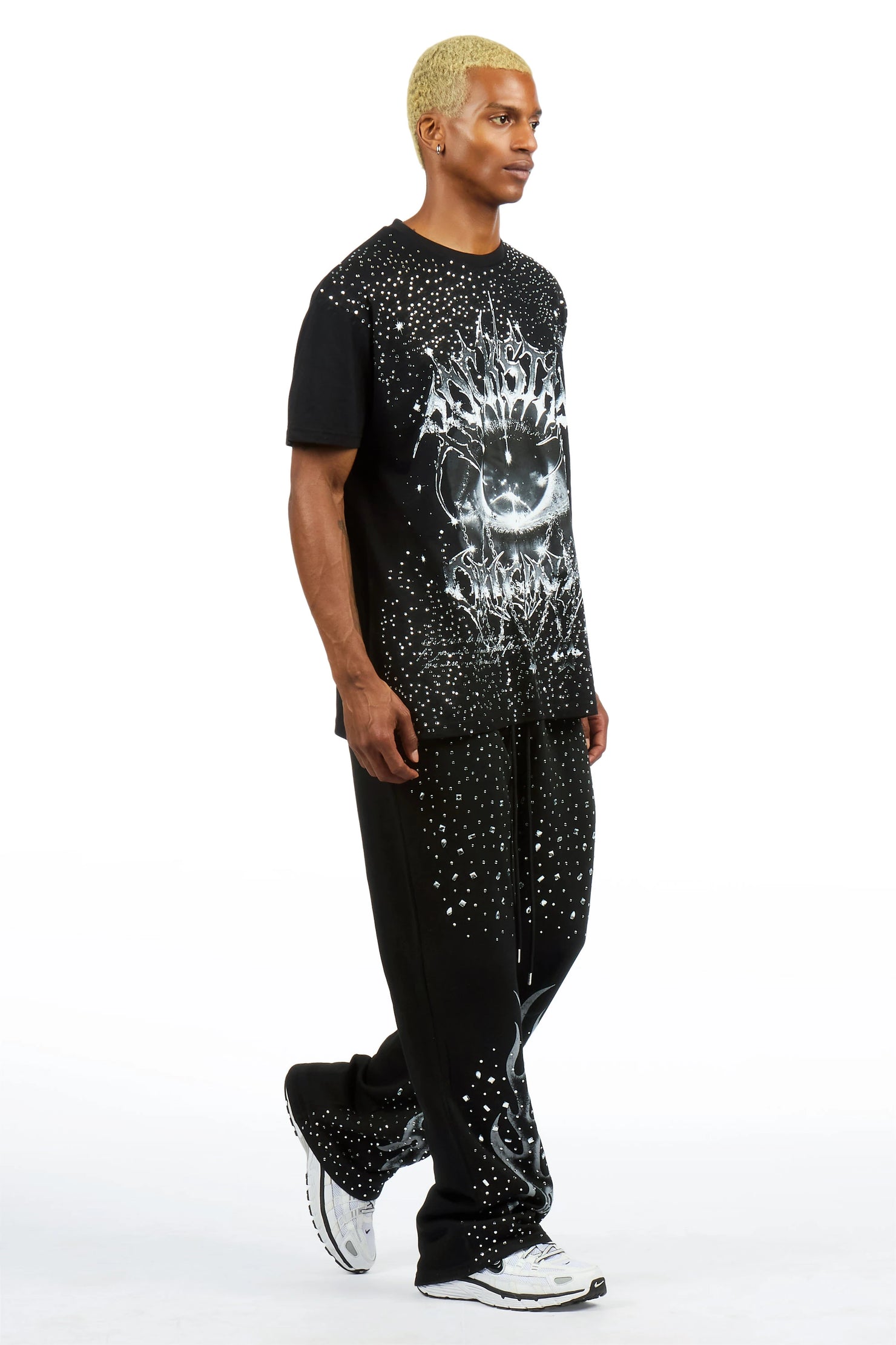Malykz Black/Black Rhinestone T-shirt/Stacked Flare Track Pant Set
