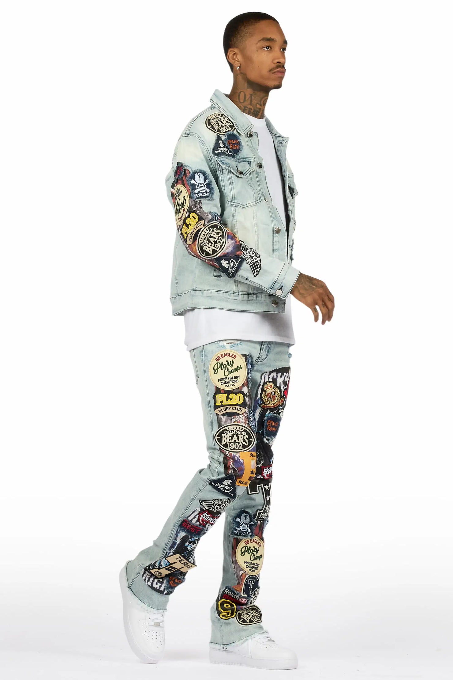 Espan Light Blue Denim Jacket/Stacked Flare Jean Set