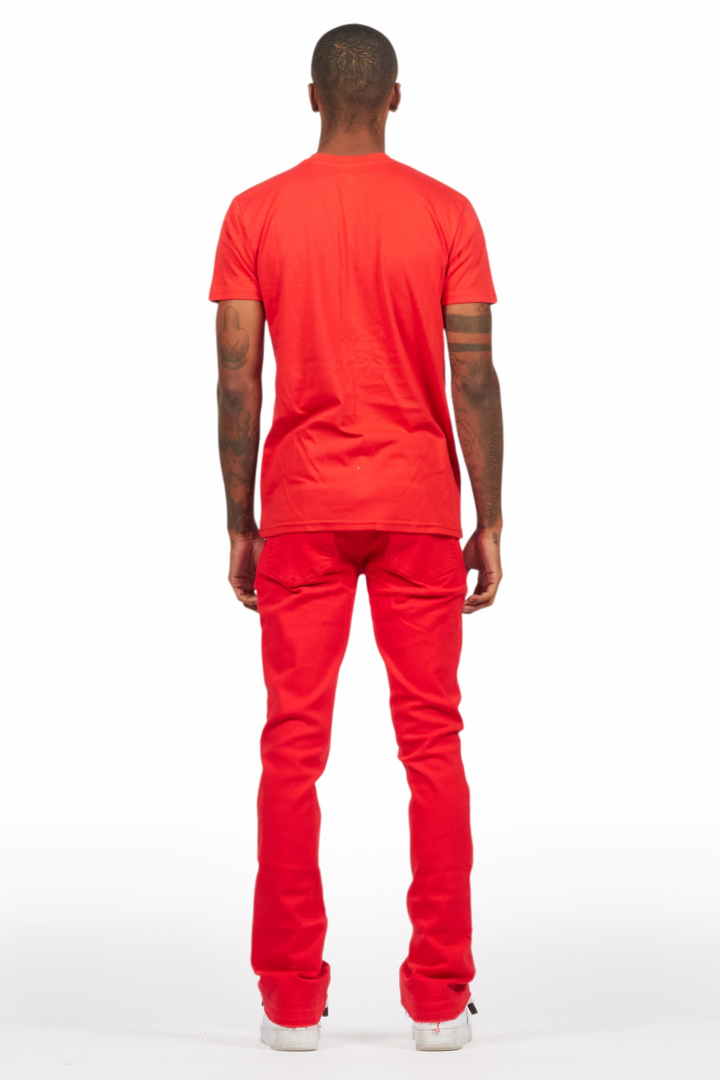 Sana Red T-Shirt/Dag Stacked Flare Jean Set