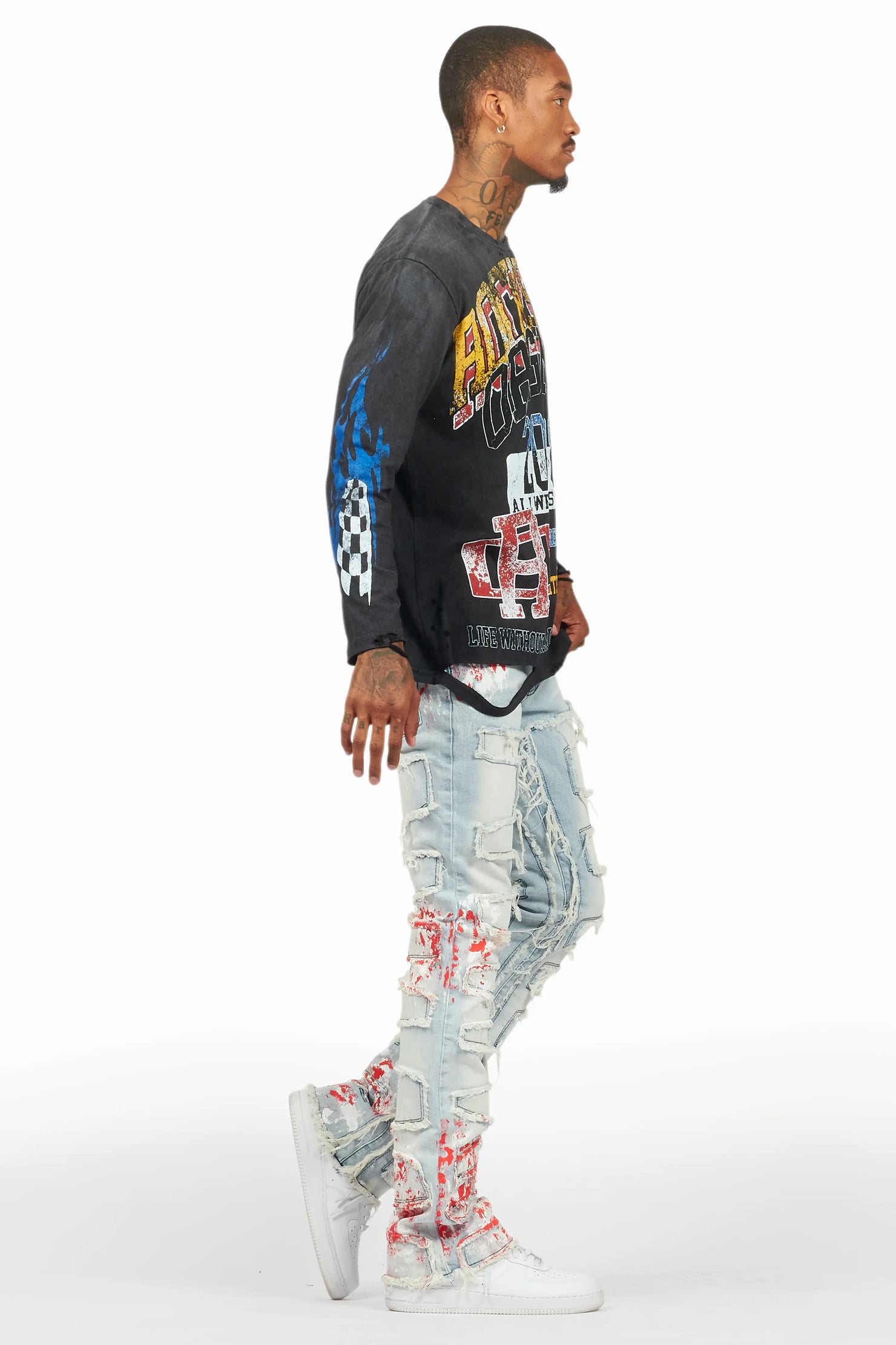 Kodak Blue/Red Painter Stacked Flare Fringe Jean