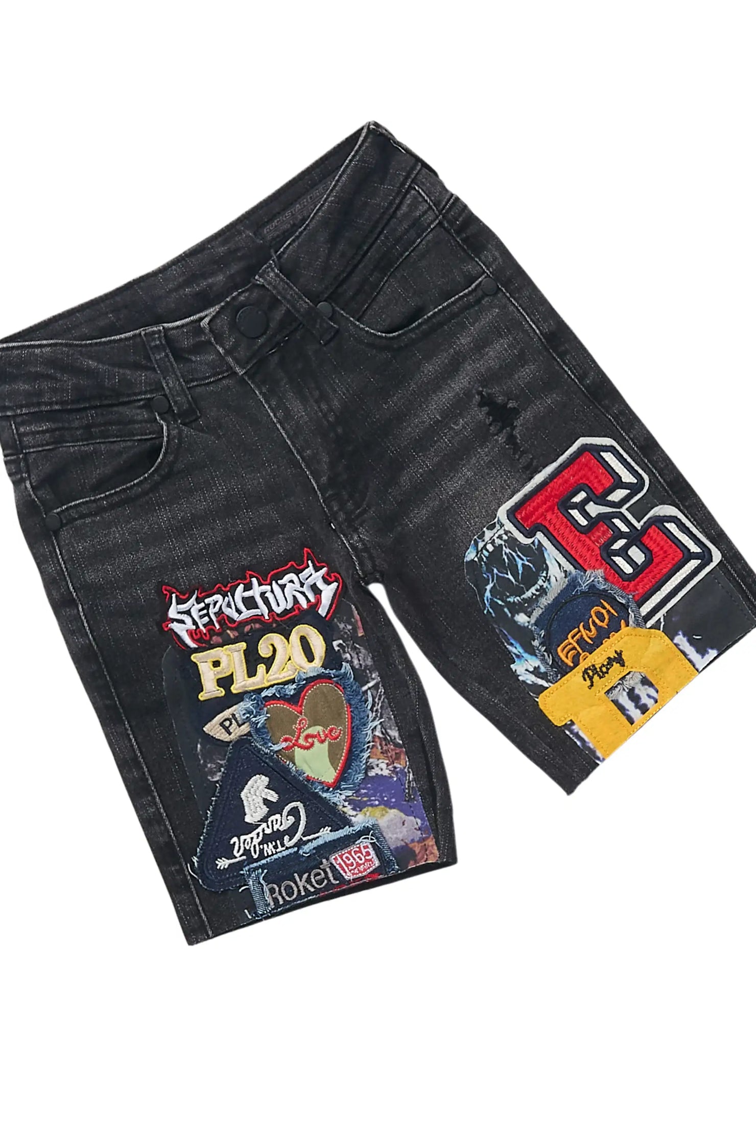 Girls Mussa Black Hooded Denim Short Set