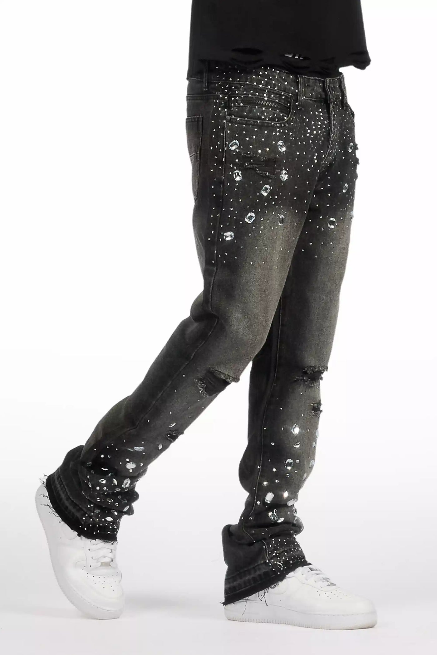Glanz Dark Grey Rhinestone Stacked Flare Jean– Rockstar Original