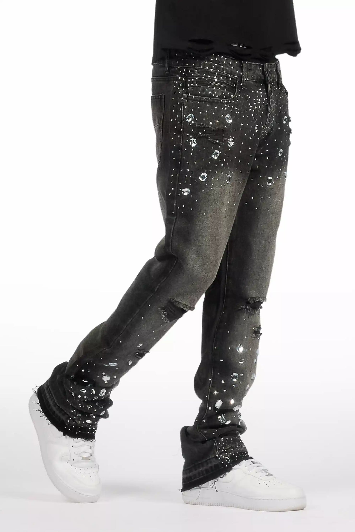 Glanz Dark Grey Rhinestone Stacked Flare Jean