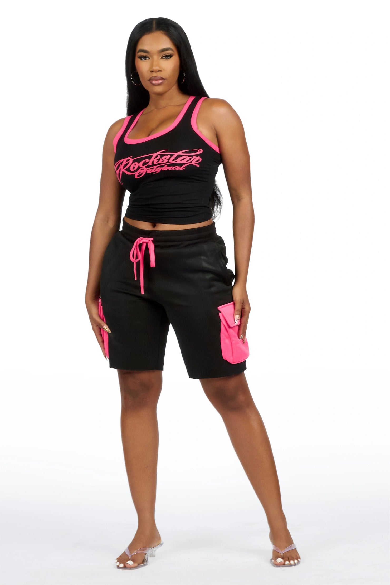 Charise Black/Pink Tank Cargo Short Set