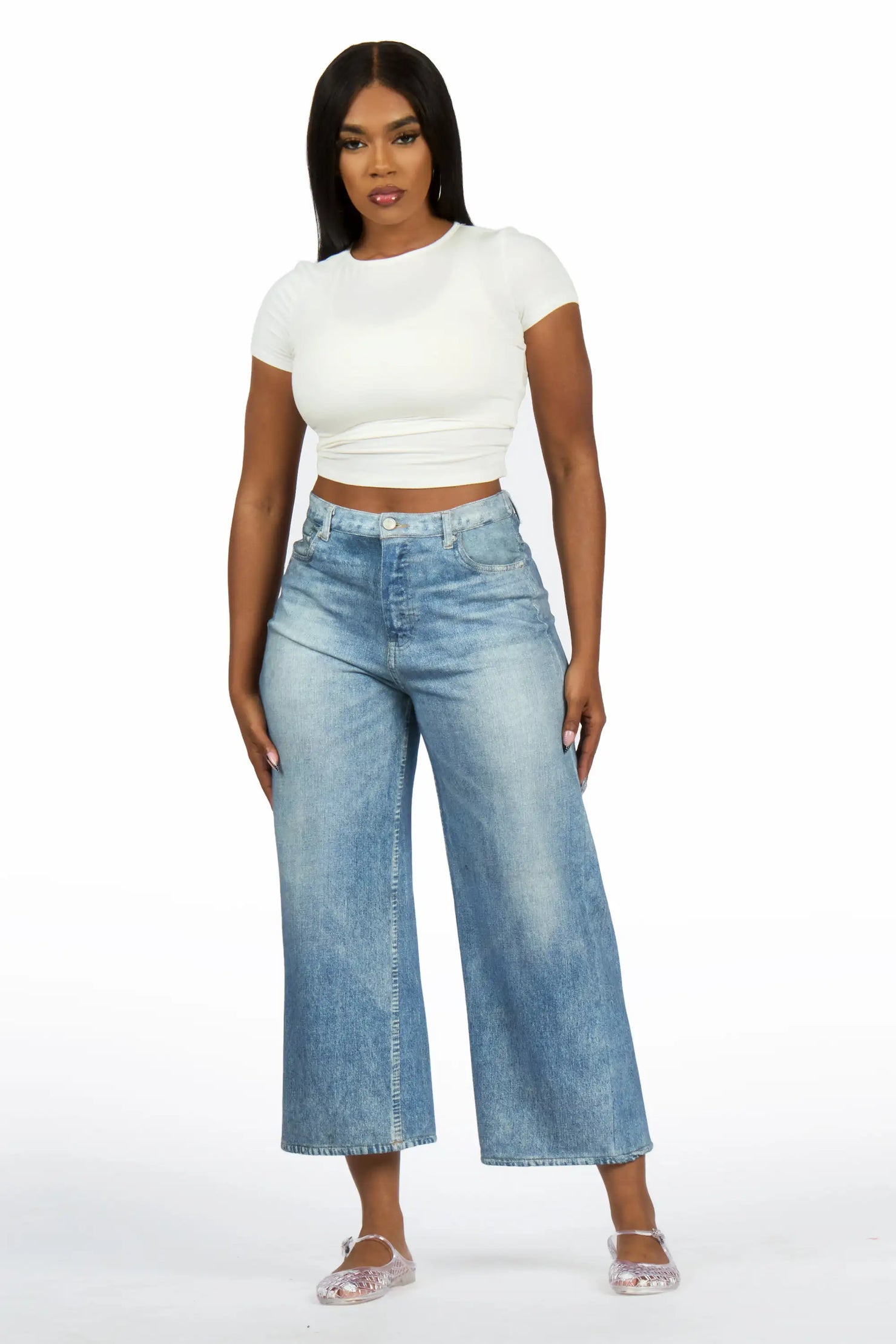 Moxley Med. Wash Denim Print Stretch Terry Sweatpant Capri