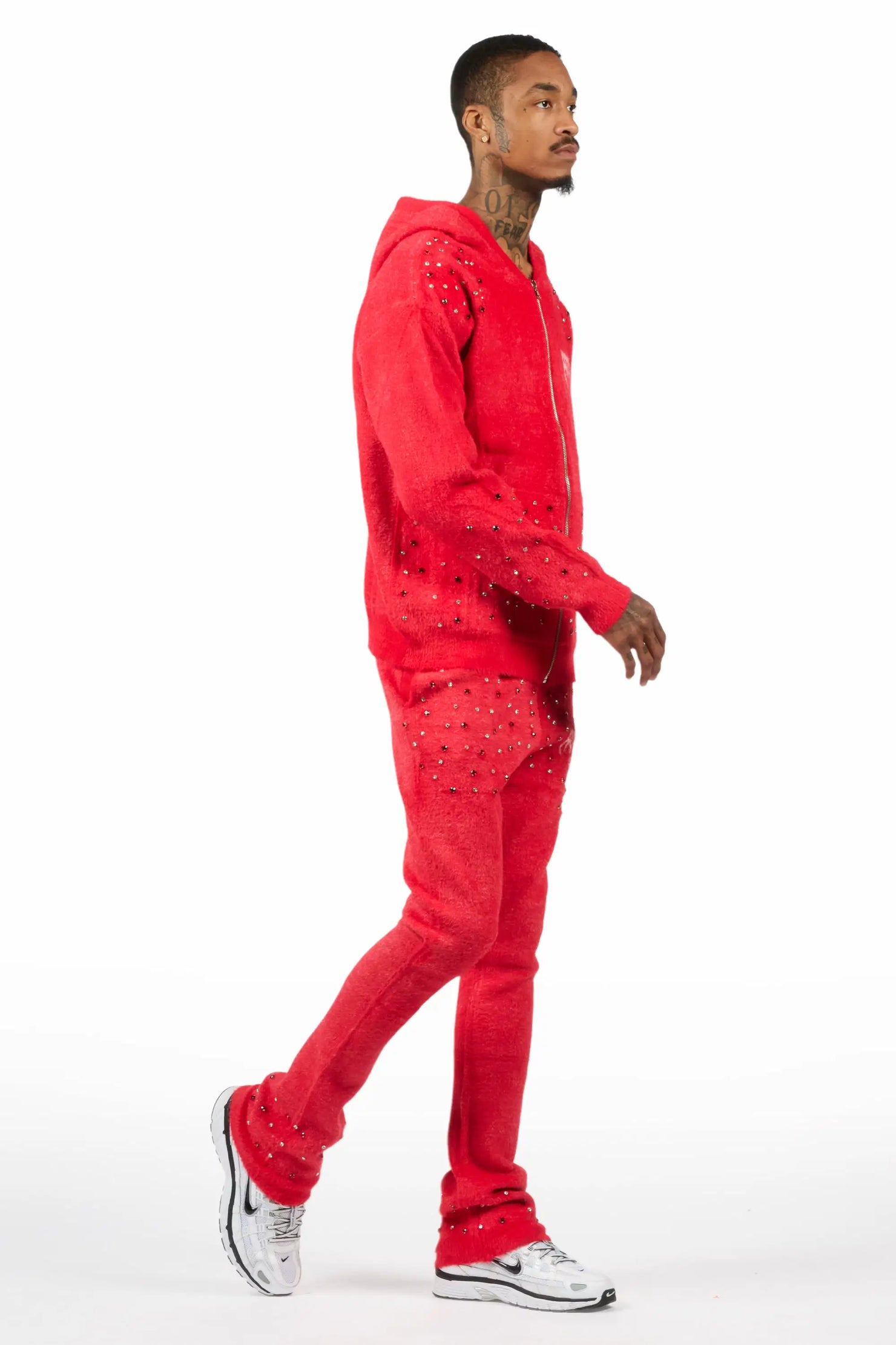 Lapiz Red Rhinestone Mohair Knit Stacked Flare Track Set