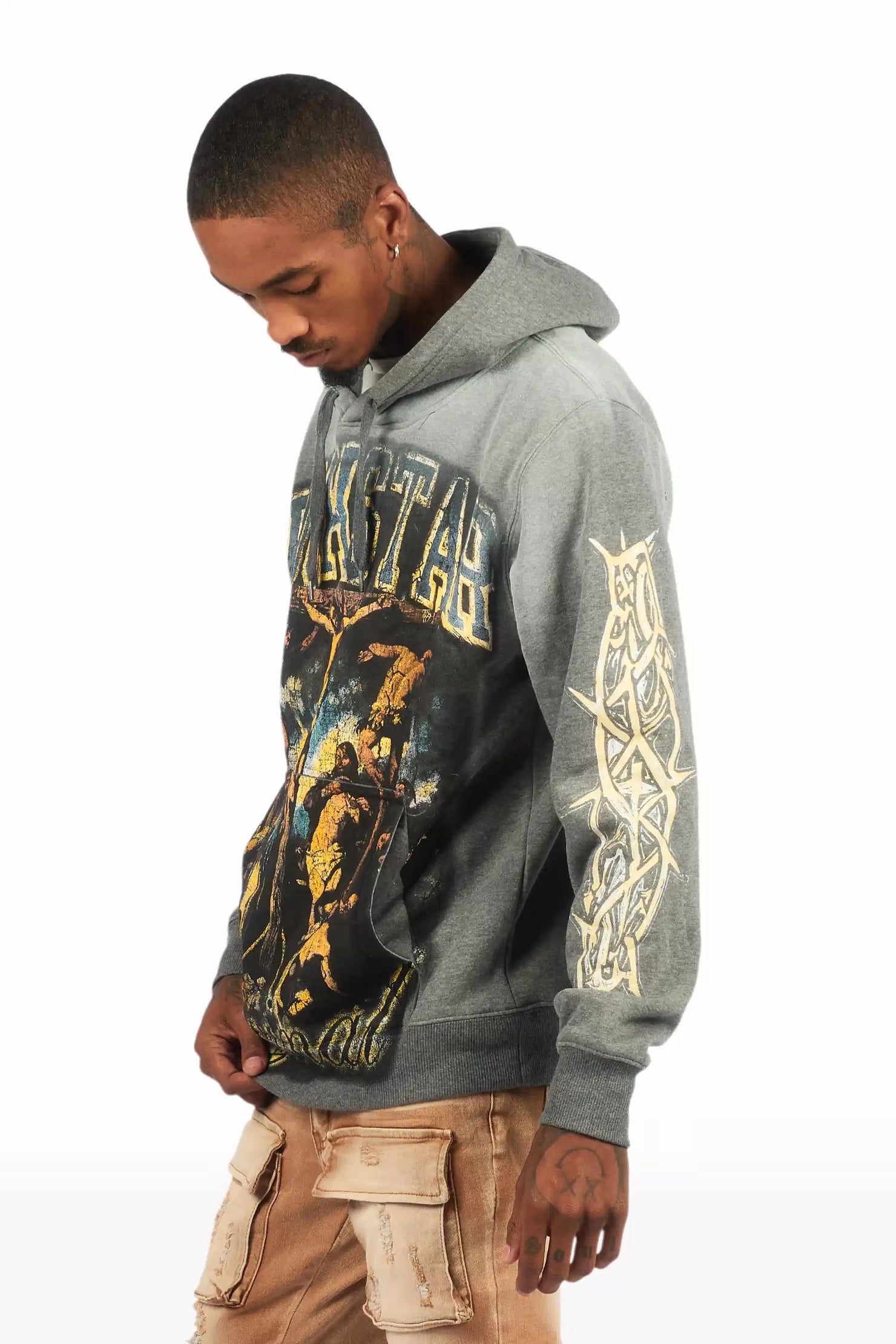 Waller Heather Grey Graphic Distressed Hoodie