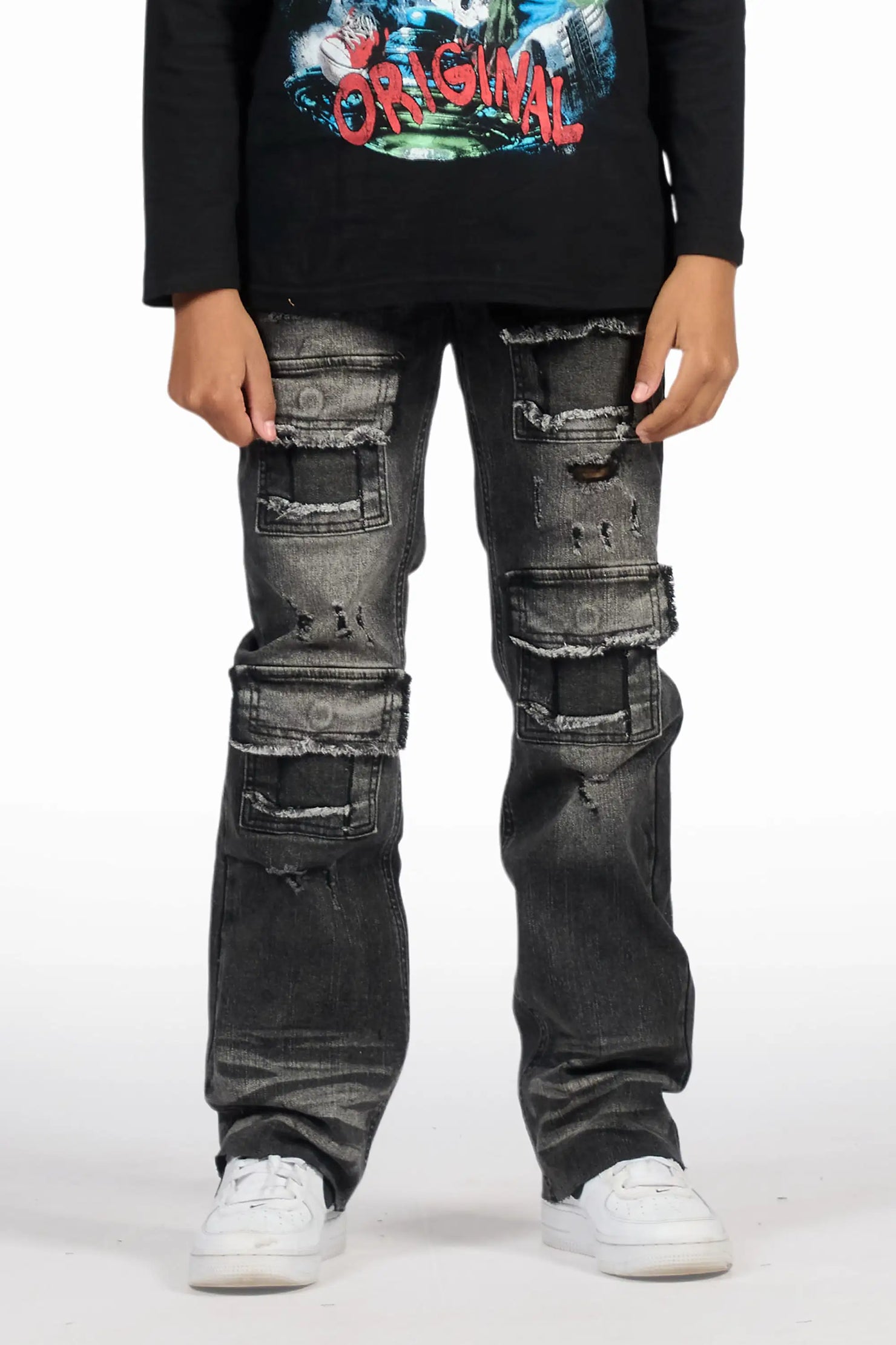 Boys Petrus Black Stacked Flare Jean