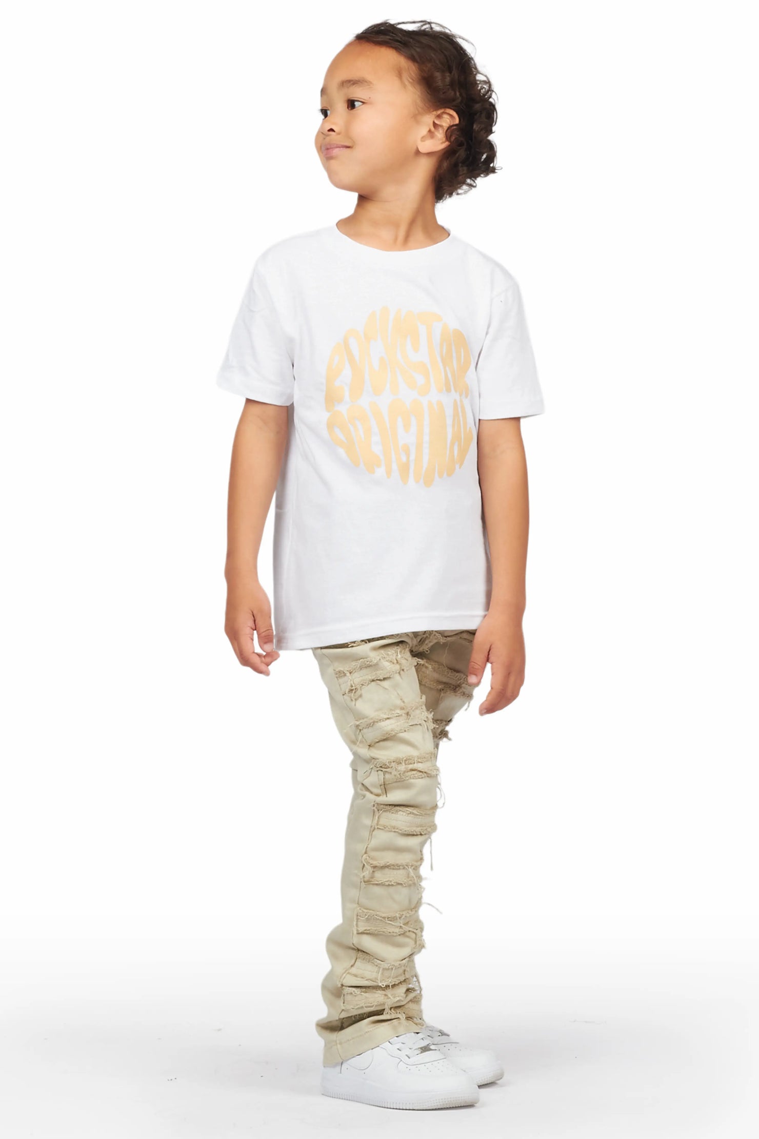 Boys Qabil White T-Shirt/Frayed Skinny Stacked Flare Jean Set