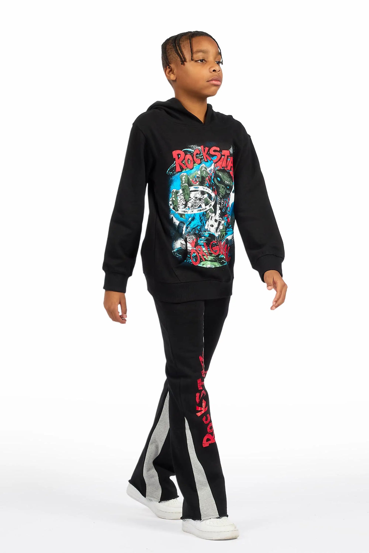 Boys Caevon Black/Multi Hoodie/Stacked Flare Track Set