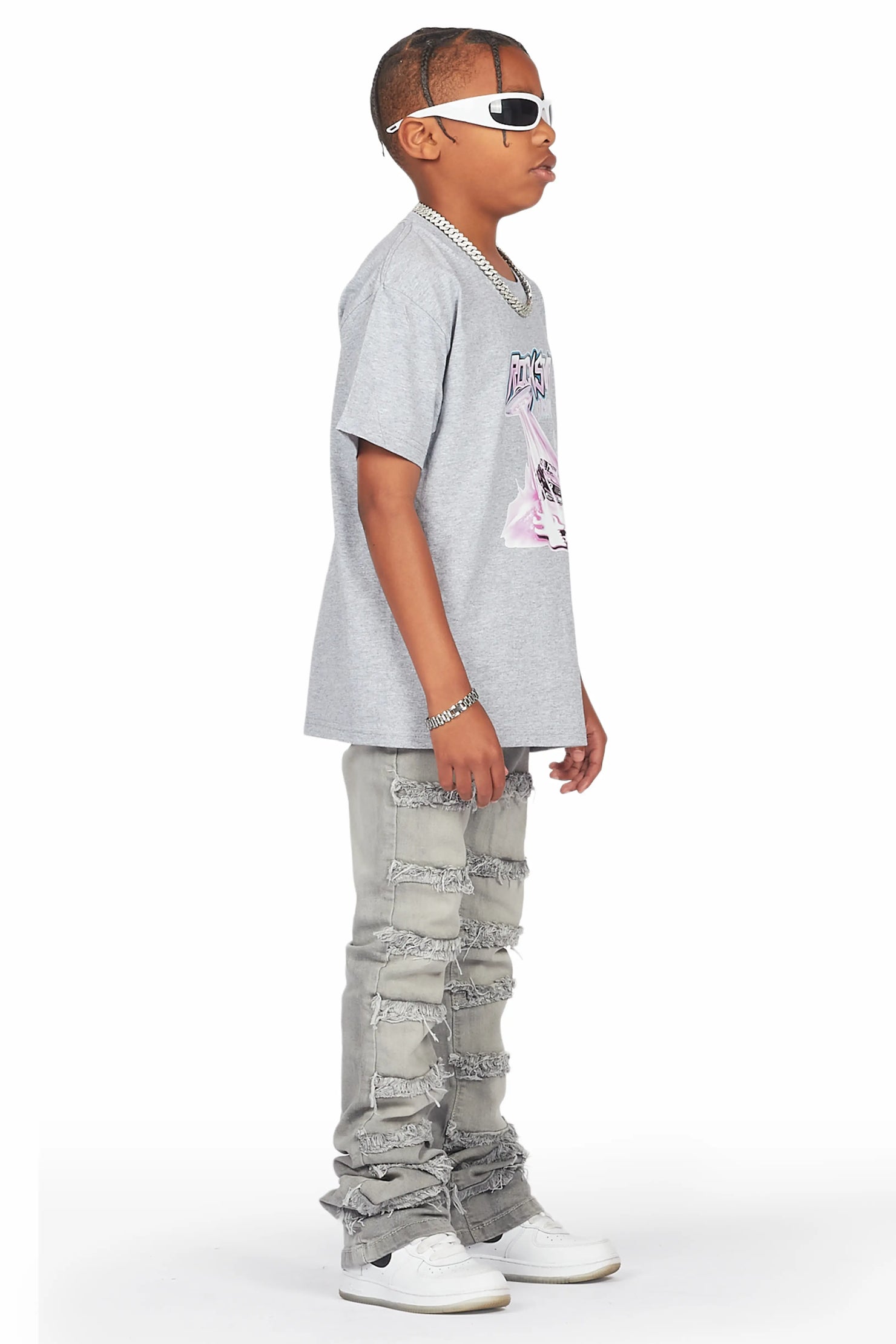 Boys Maleko Grey T-Shirt/Frayed Skinny Stacked Flare Jean Set