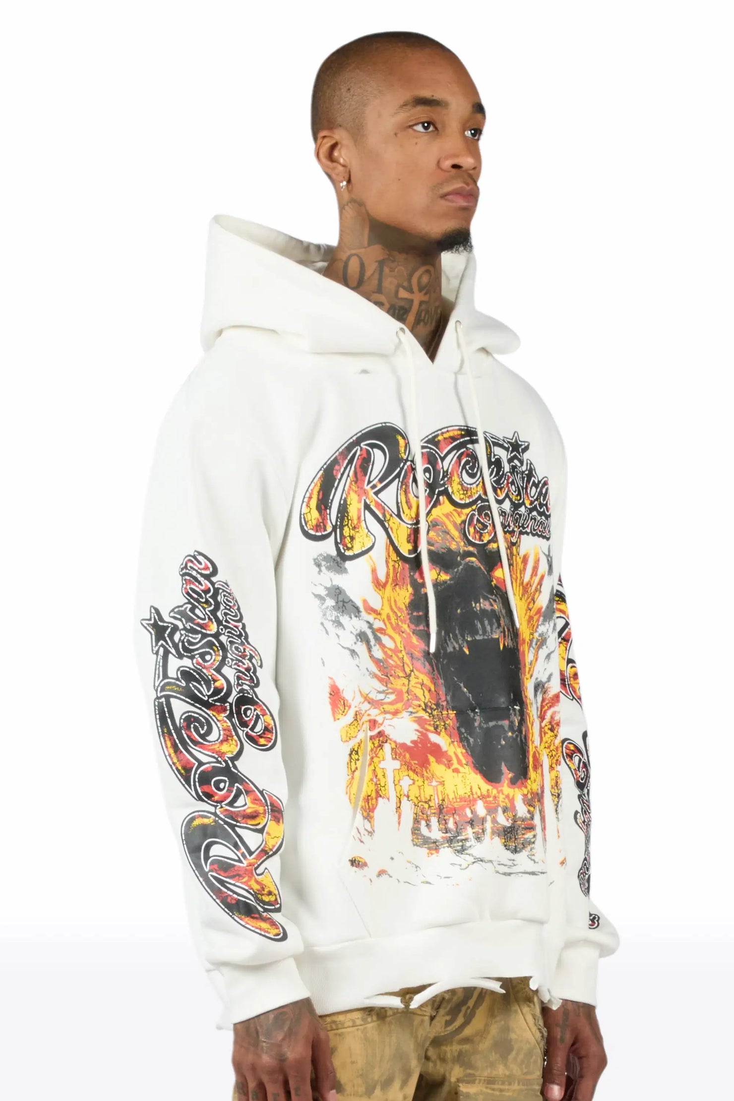 Flamer White Distressed Graphic Relaxed Hoodie