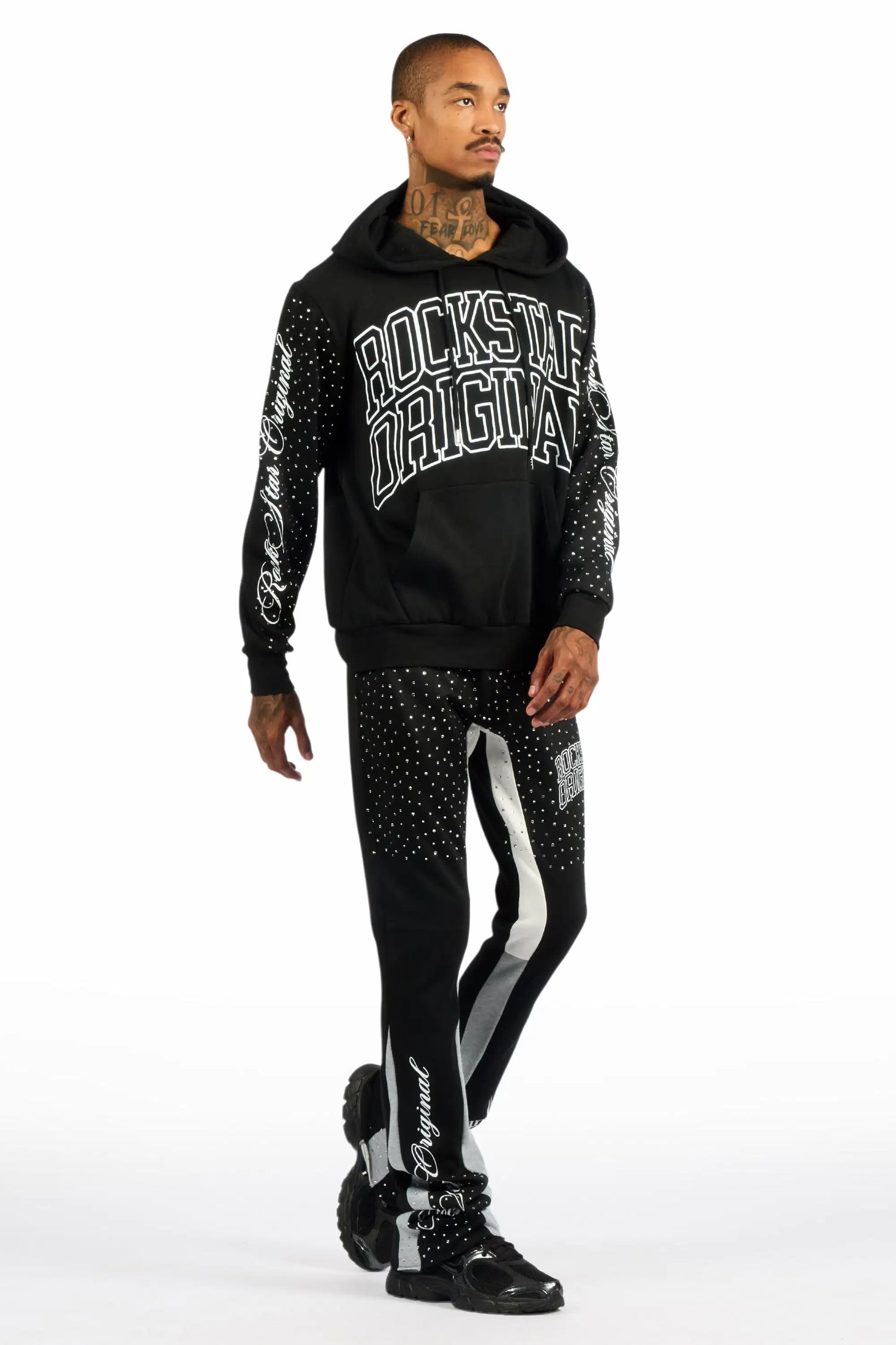 Dripped Black/Clear Rhinestone Hoodie/Stacked Flare Track Set