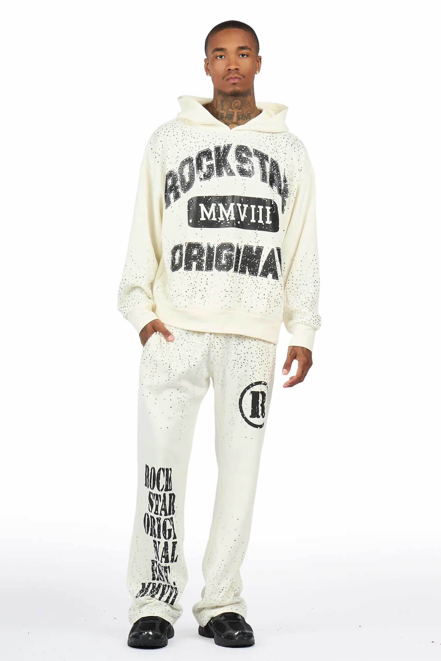 Borya Bone/Black Rhinestone Hoodie Relaxed Track Set