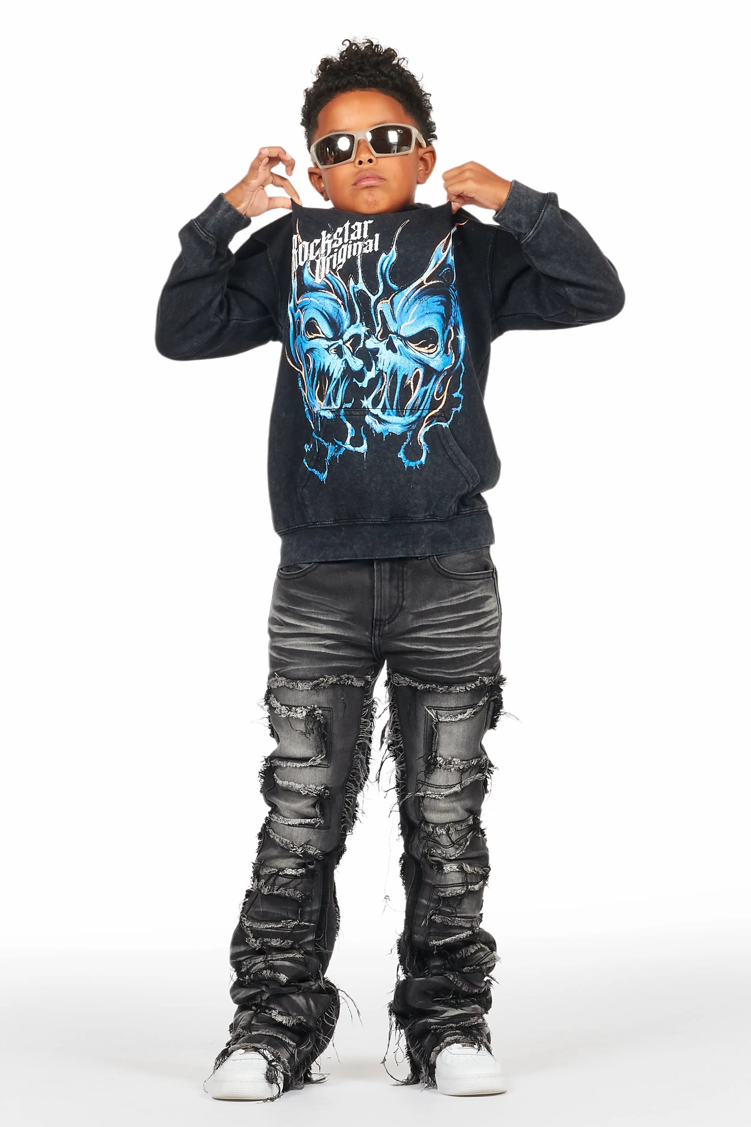 Boys Texastea Vintage Black Hoodie/Stacked Flare Jean Set