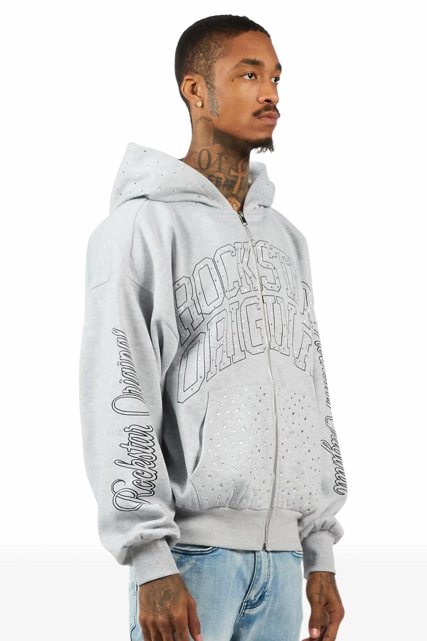 Dripped Heather Grey Rhinestone Hoodie