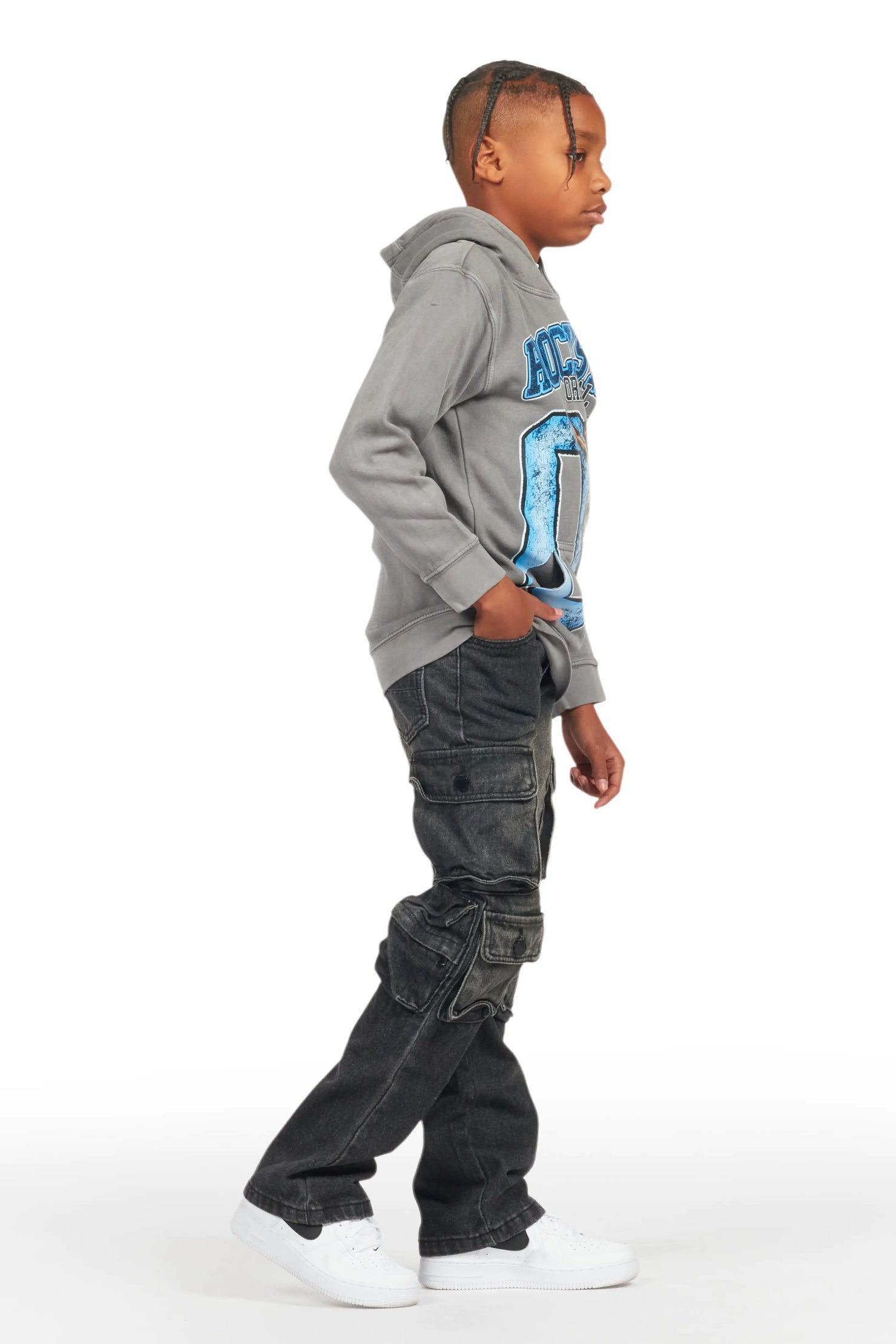 Boys Fields Vintage Grey/Black Hoodie/Stacked Flare Jean Set