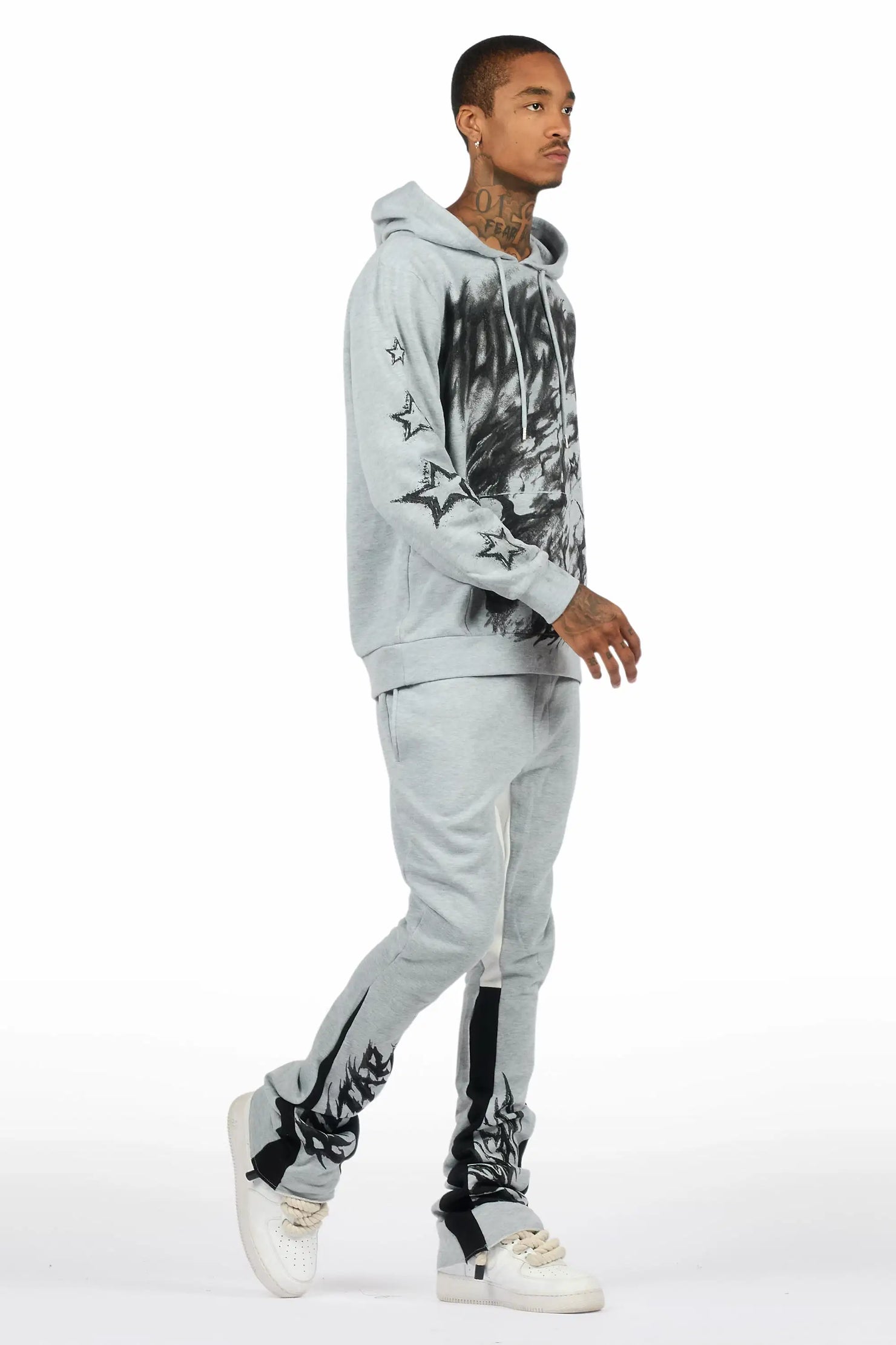 Nelz Heather Grey/Black Hoodie/Stacked Track Pant Set