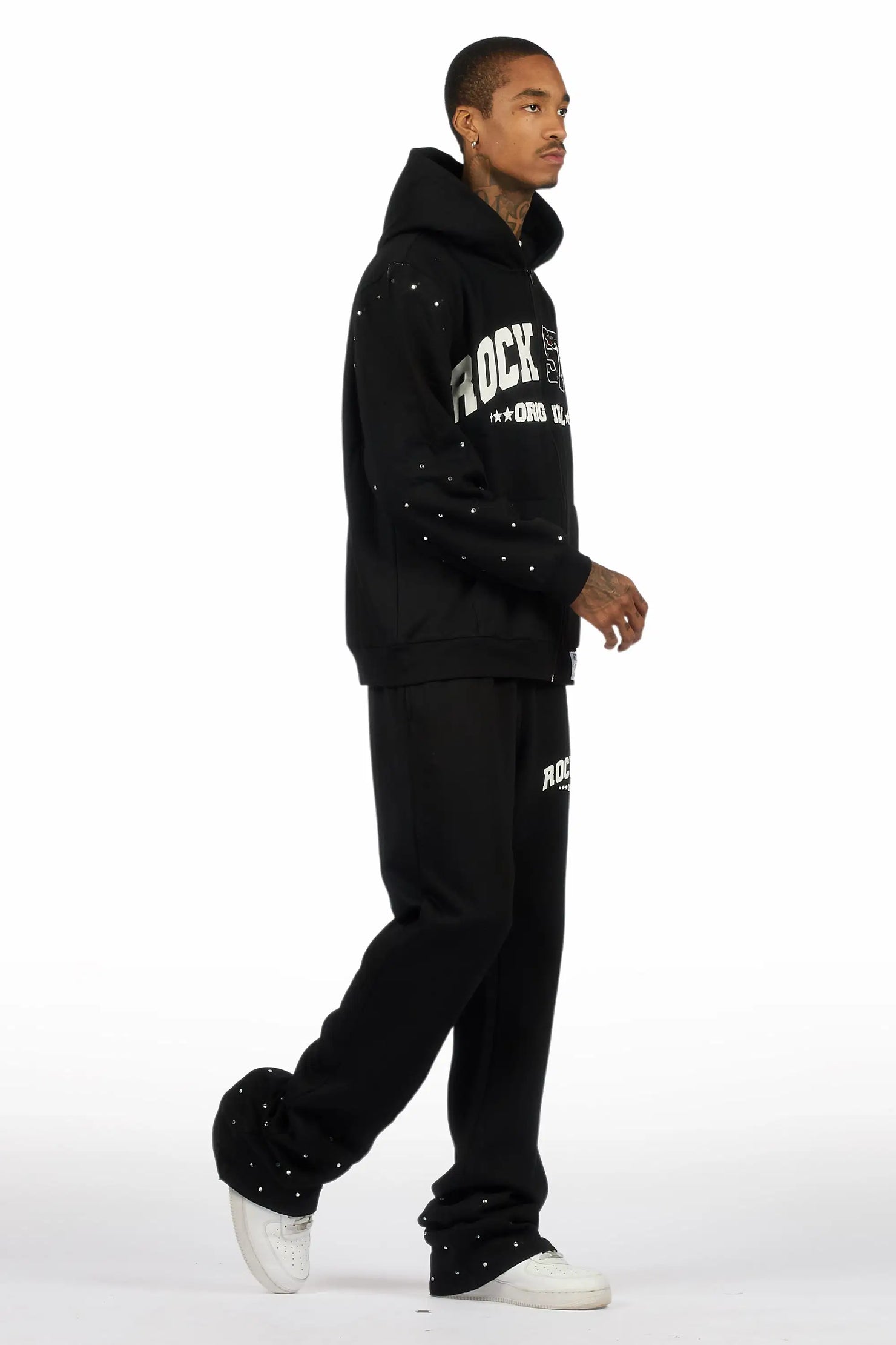 Otik Black Rhinestone Hoodie Baggy Fit Pant Track Set