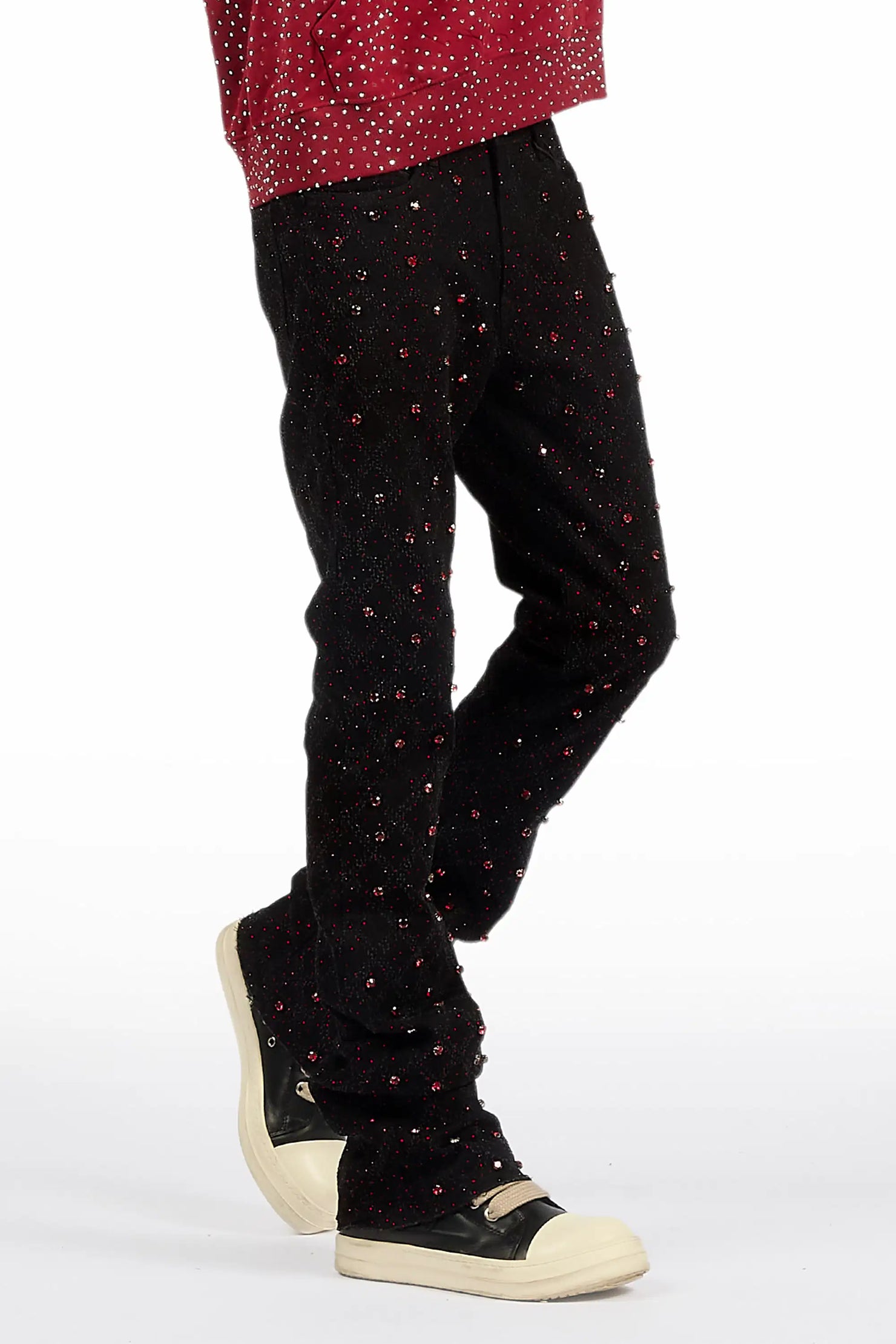 Glit Black/Red Rhinestone Stacked Flare Jean