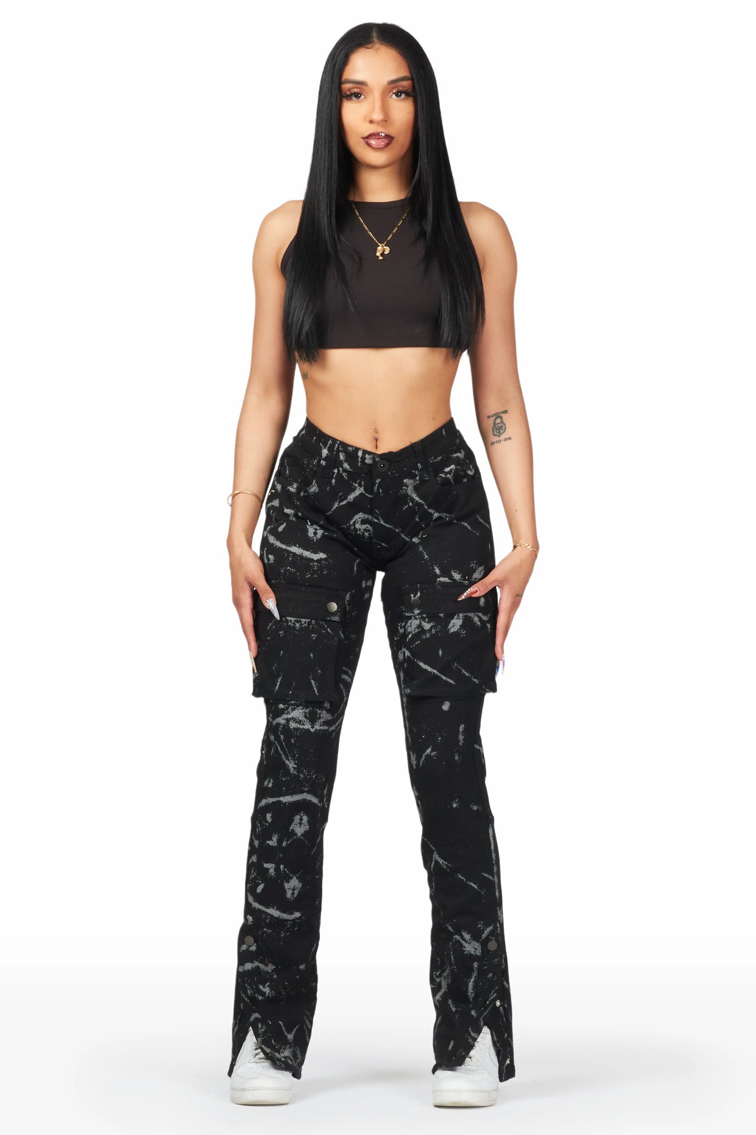 Shikira Black Marble Stacked Flare Jean