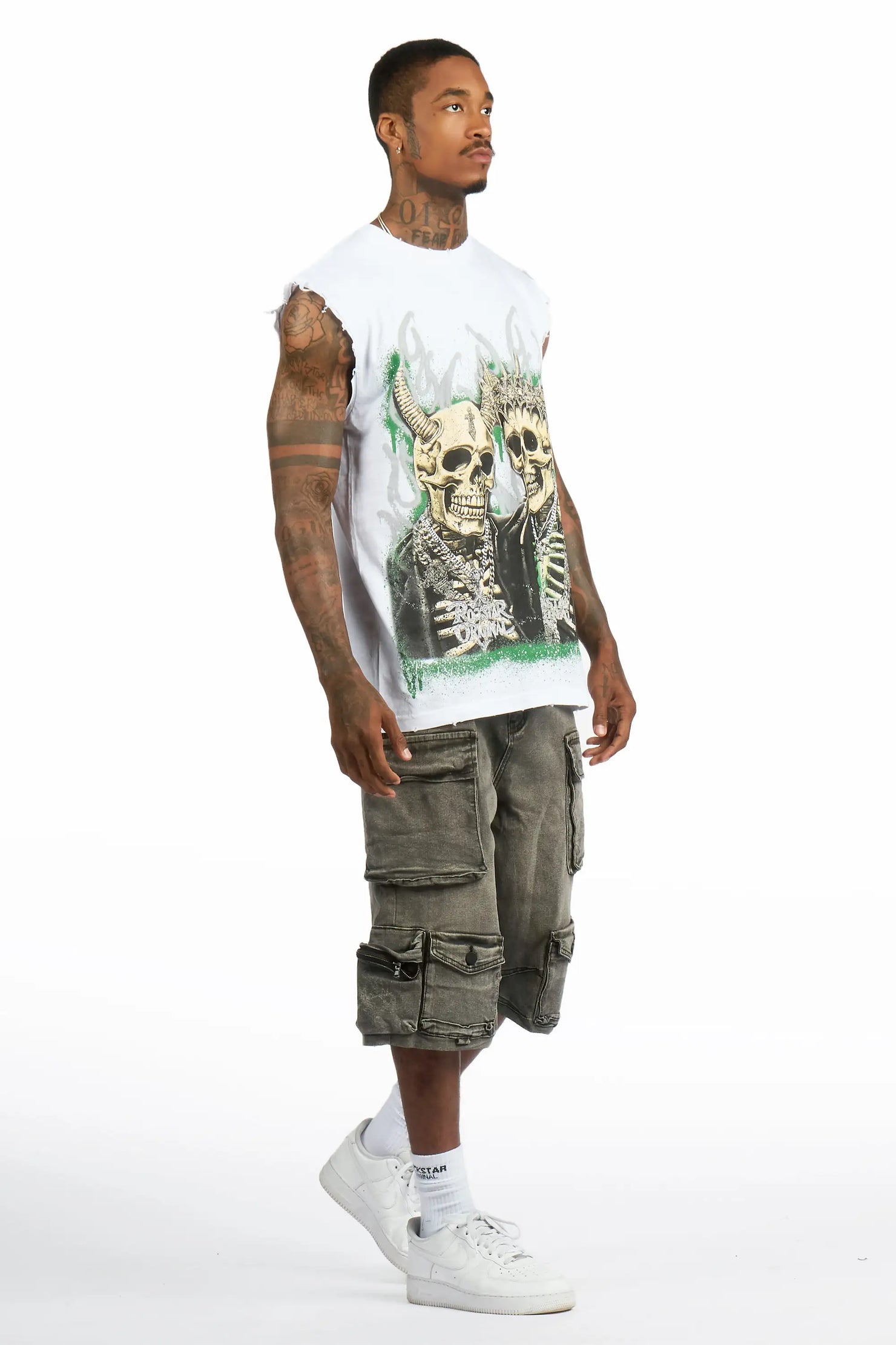 Kingston White/Grey Graphic T-Shirt & Mahesh Baggy Cargo Jean Short Set