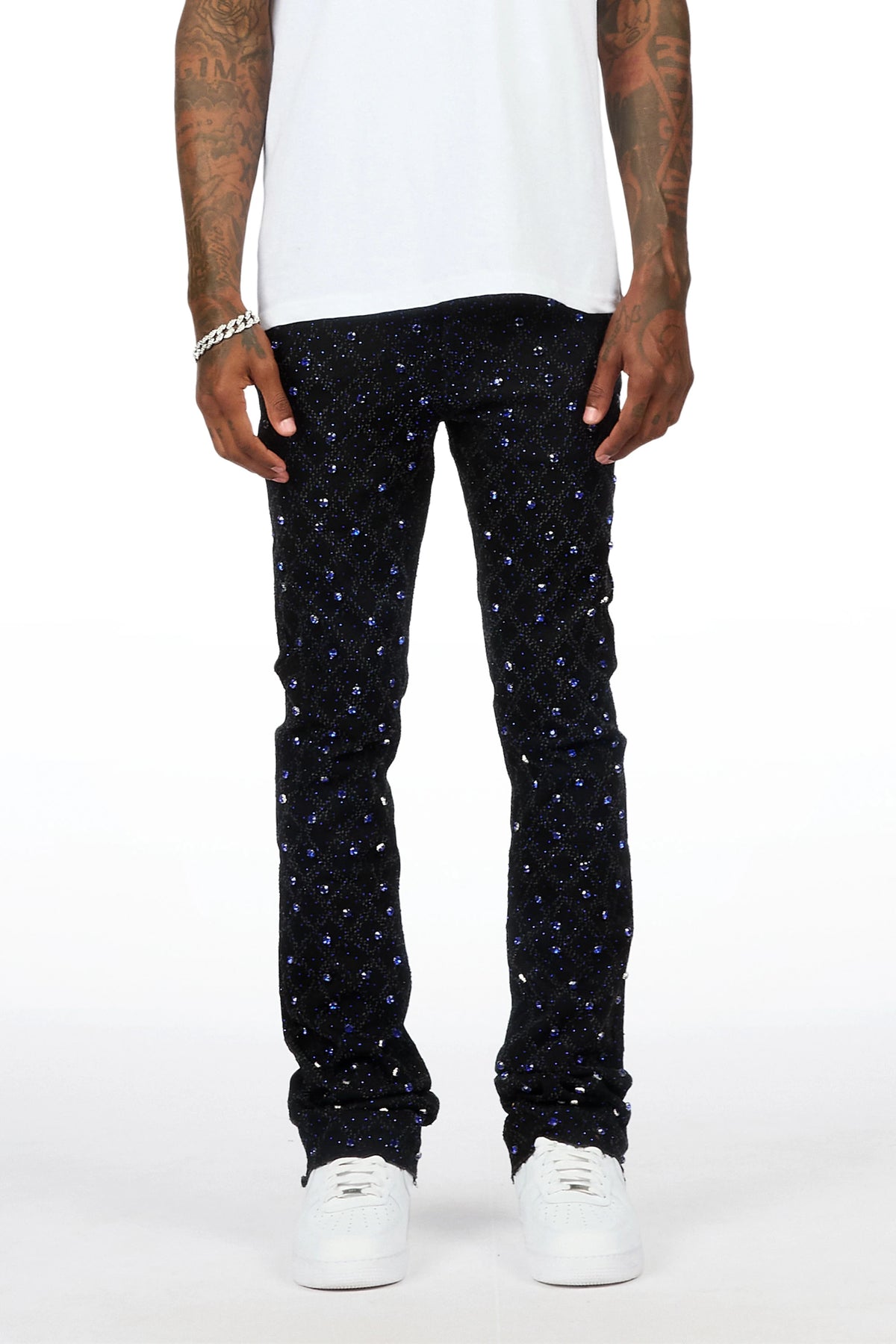 Glit Black/Royal Rhinestone Stacked Flare Jean