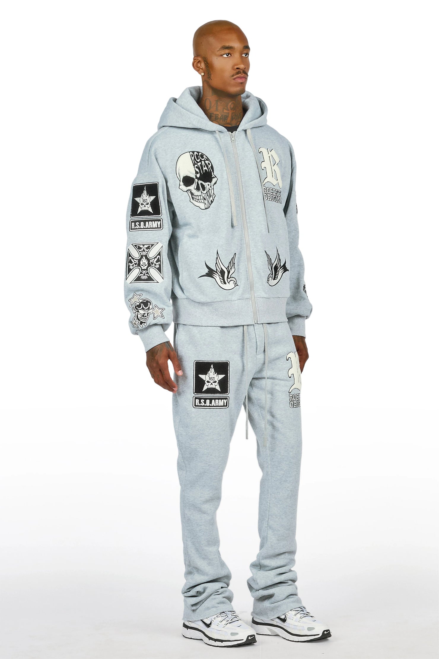 Vidar Heather Grey Zip Up Hoodie Stacked Track Set