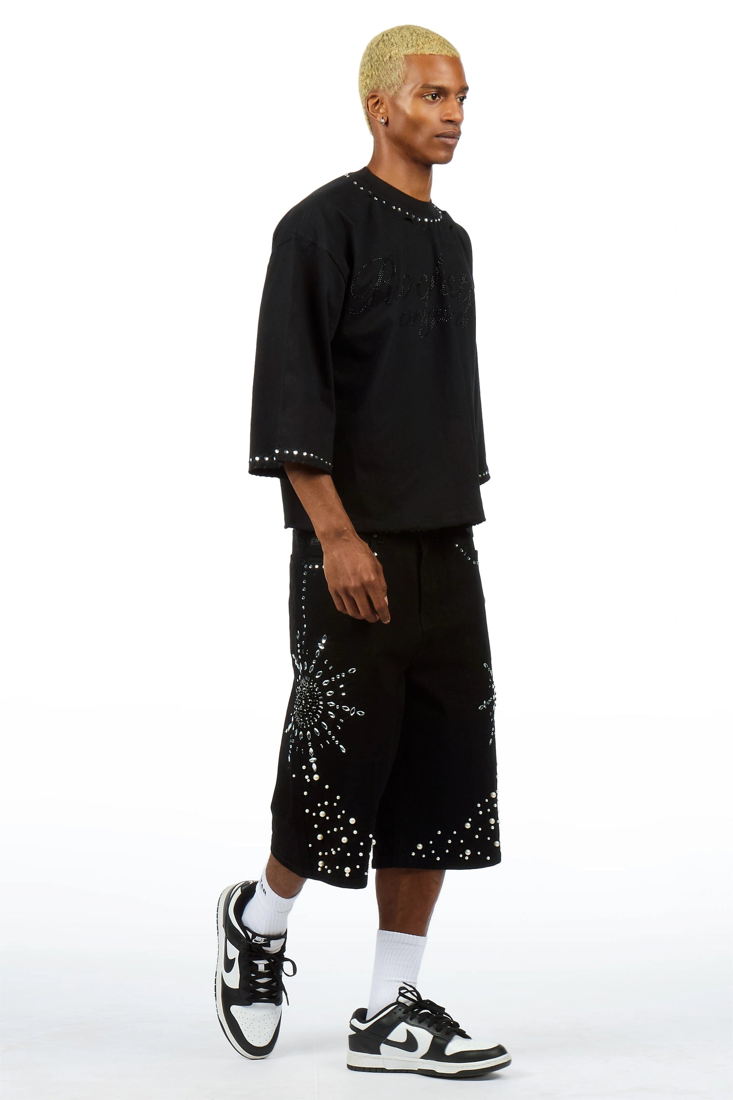 Tryst Black Rhinestone T-Shirt Denim Short Set