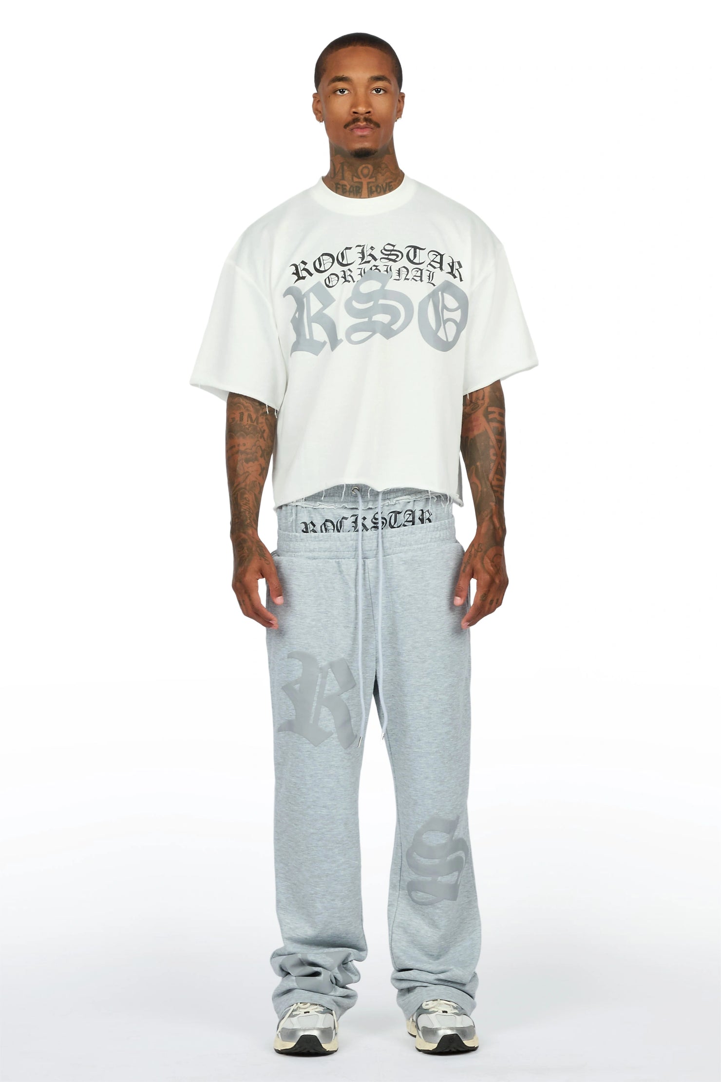 Burke Heather Grey Chenille Patch Boxy Tee/Double Waistband Pant Track Set