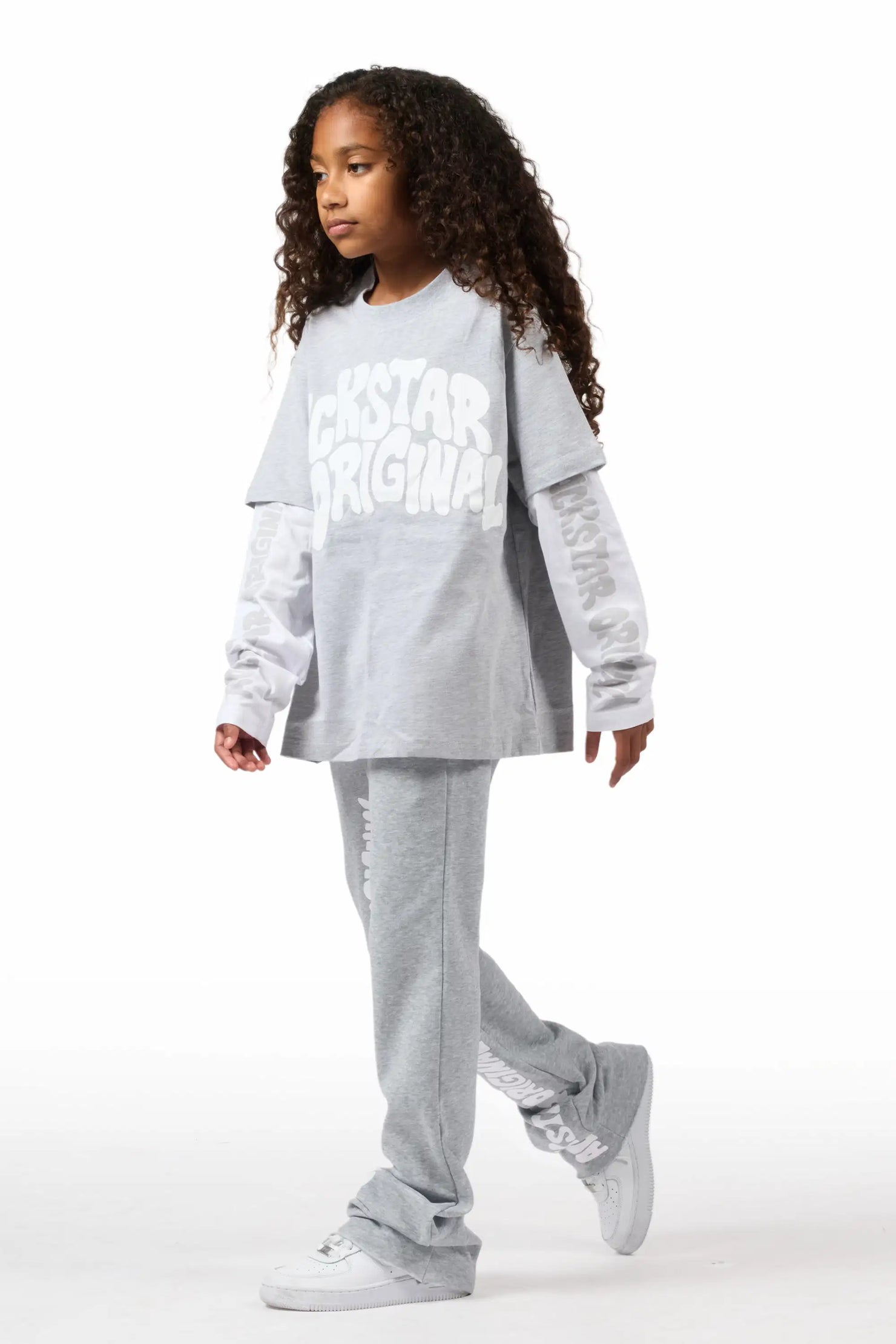 Girls Monique Grey Double Layer T-Shirt Stacked Flare Track Pant Set