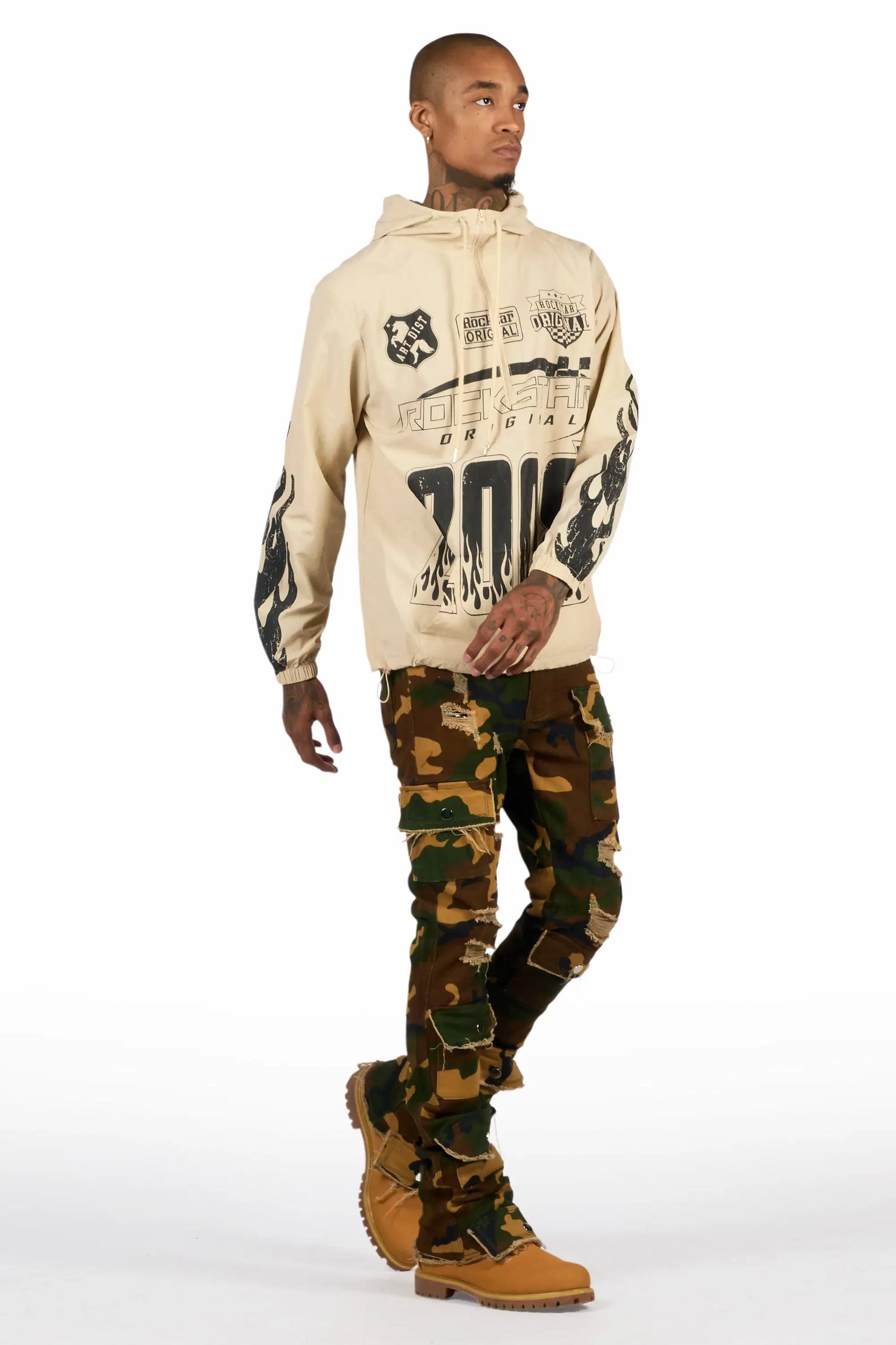 Amos Beige/Camo Windbreaker/Stacked Flare Jean Set