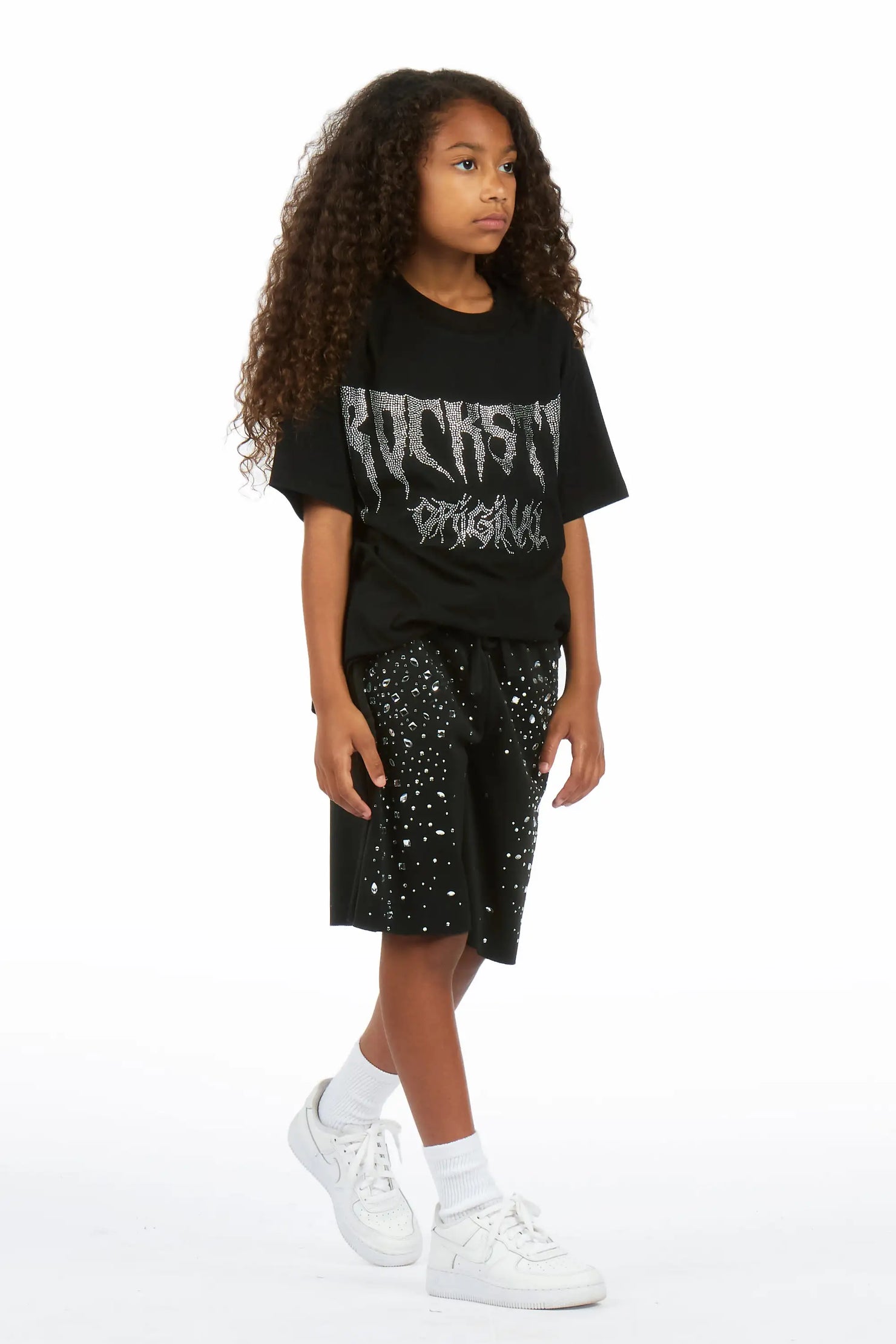 Girls Porsha Black Rhinestone Short Set