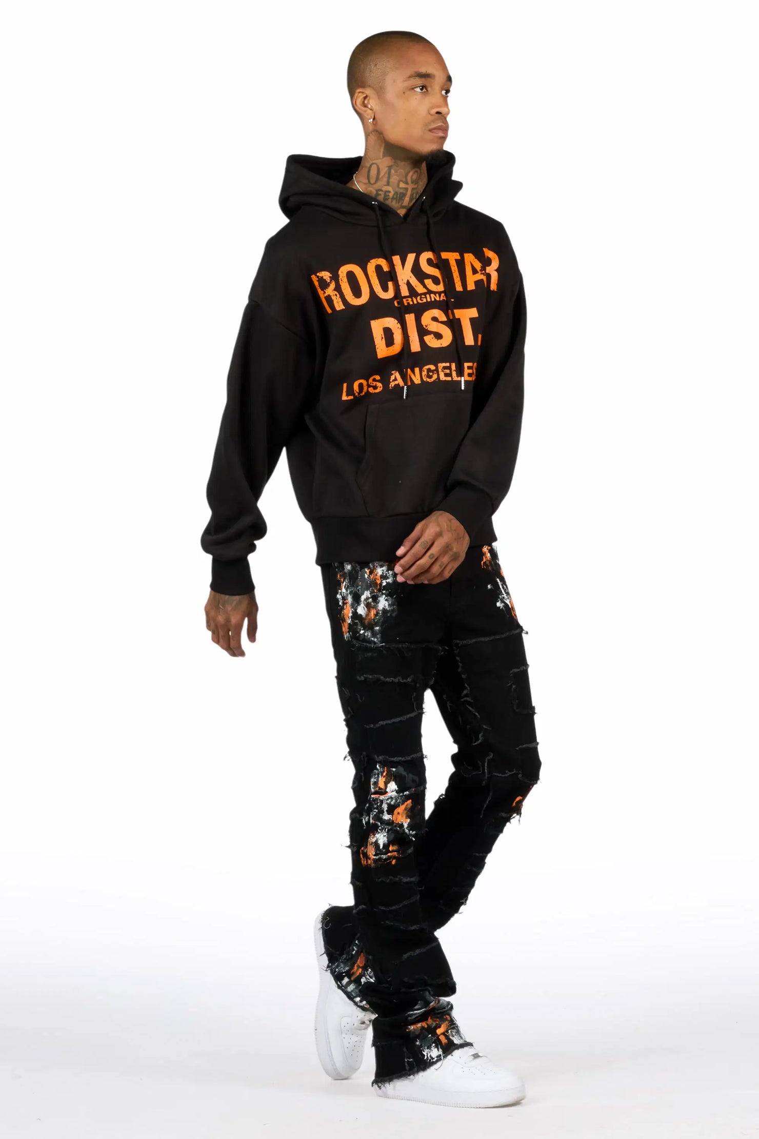 Saxon Black/Orange Hoodie/Stacked Flare Jean Set