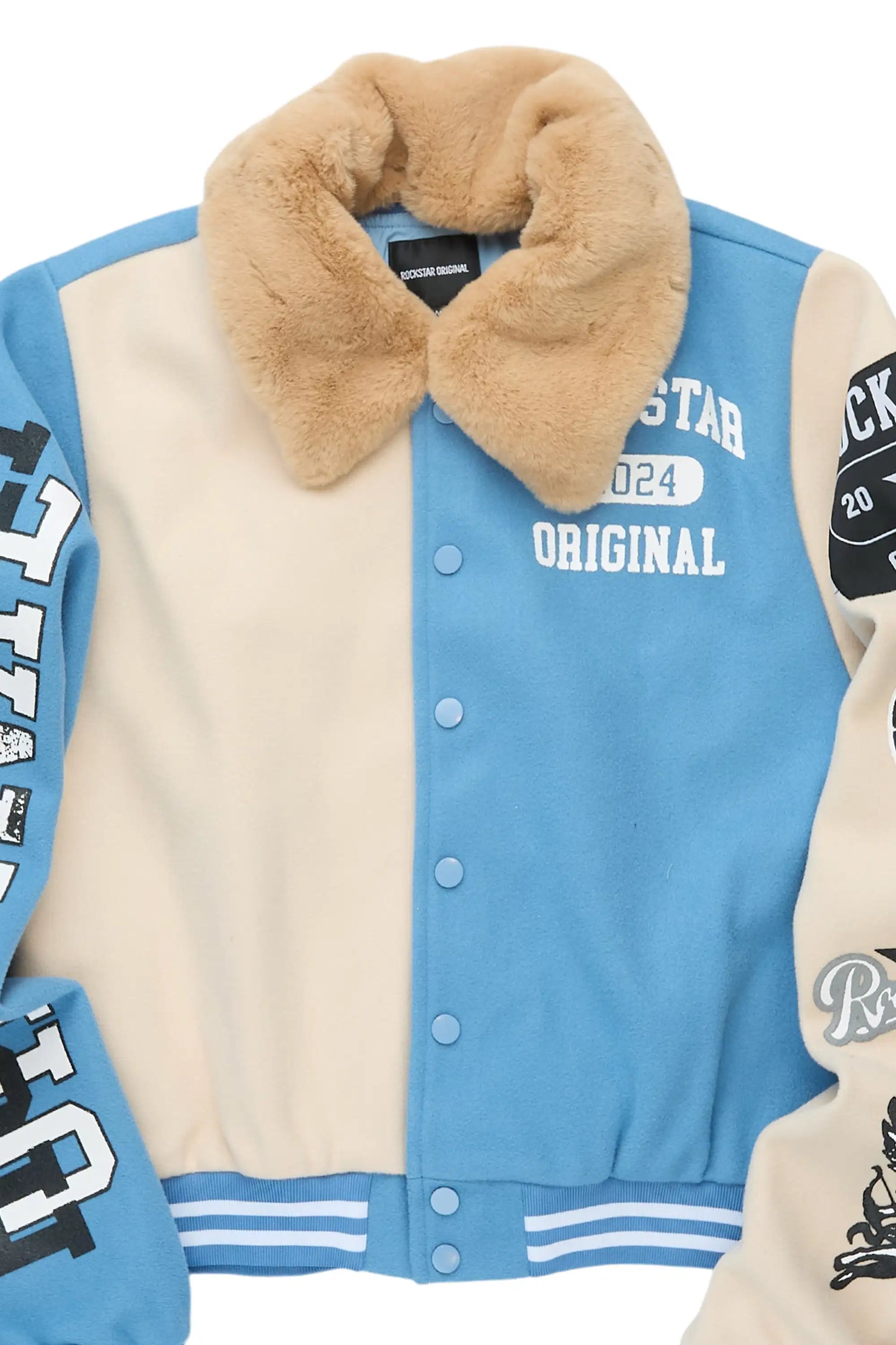 Kisha Blue/Tan Fur Collar Varsity Jacket