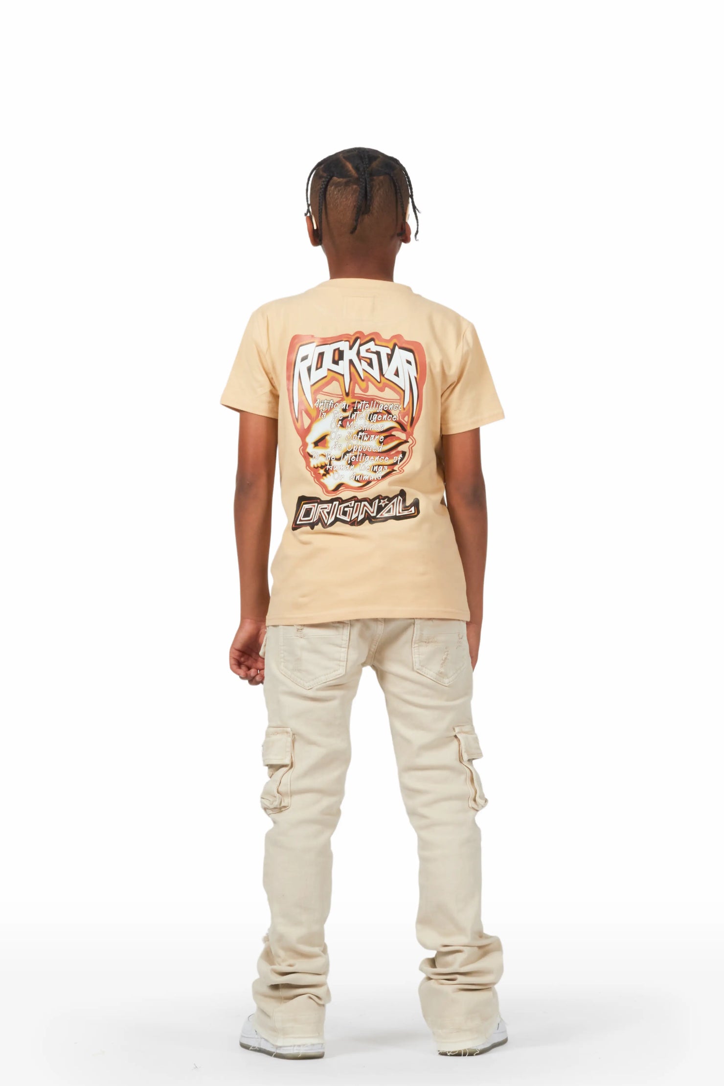 Boys Zaire Beige Cargo Super Stacked Flare Jean