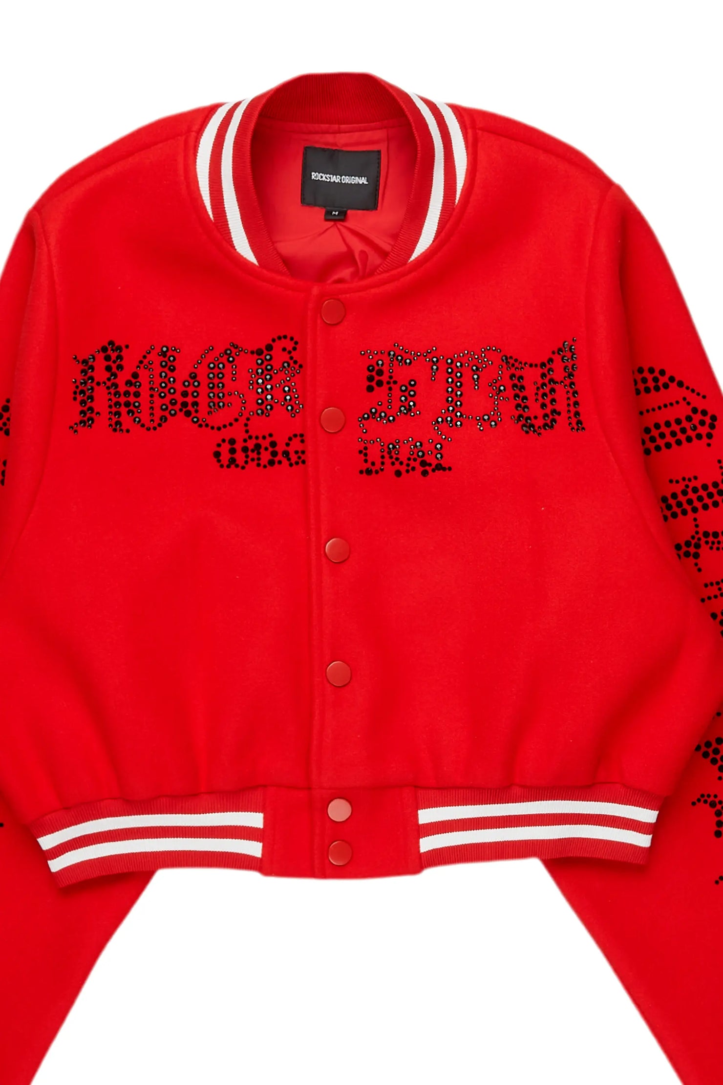 Gianni Red Crop Rhinestone Varsity Jacket