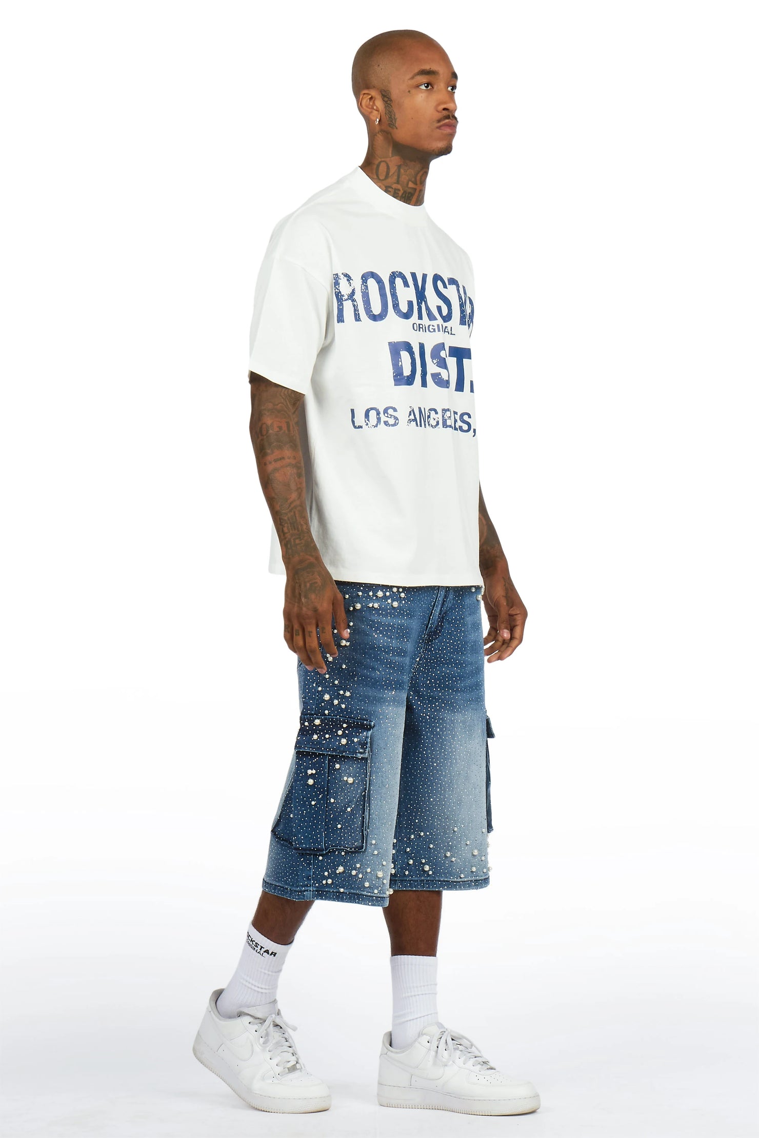Sevyn White/Blue Rhinestone T-Shirt Denim Jort Set