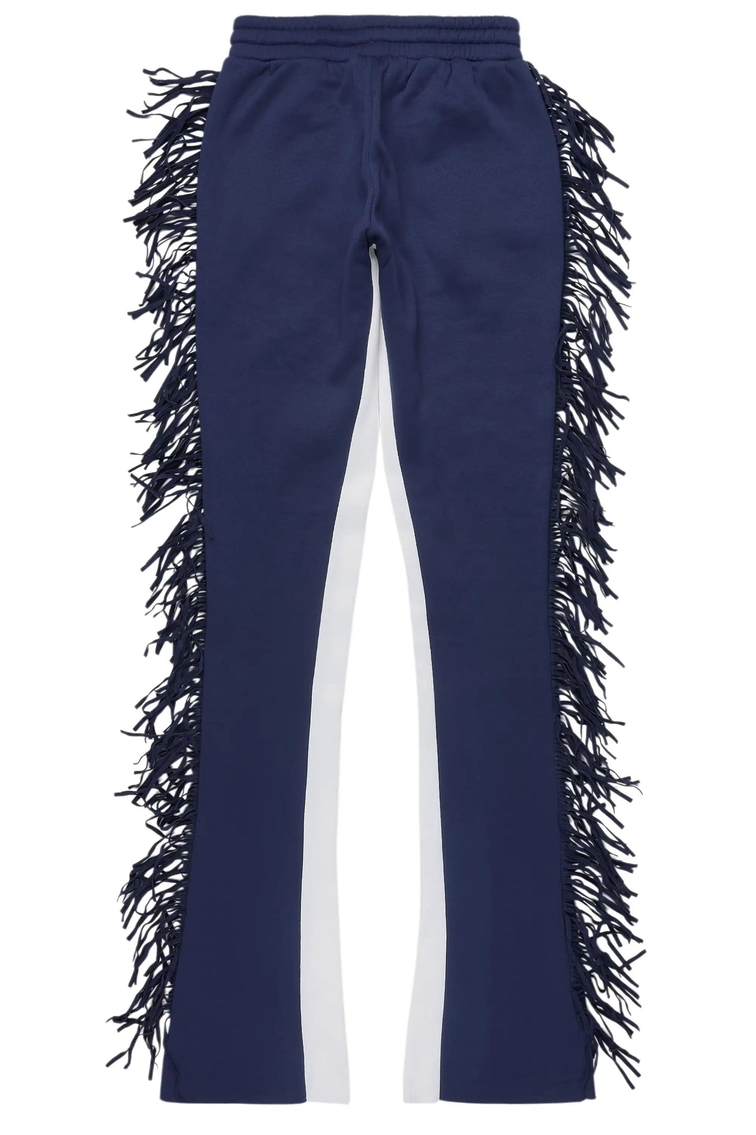 Kendra Navy Fringe Stacked Flare Track Pant