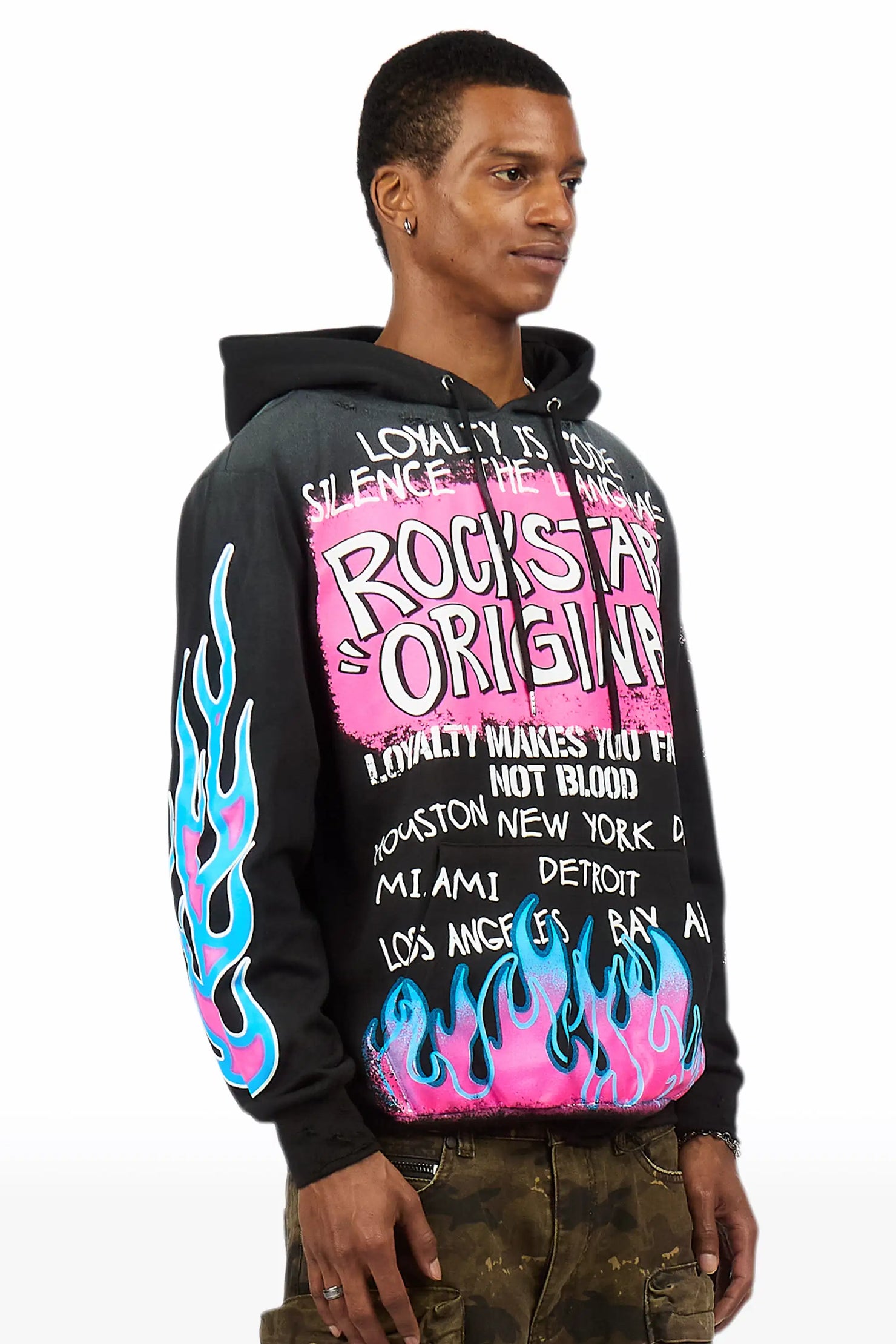 Beno Black/Pink Distressed Graphic Hoodie