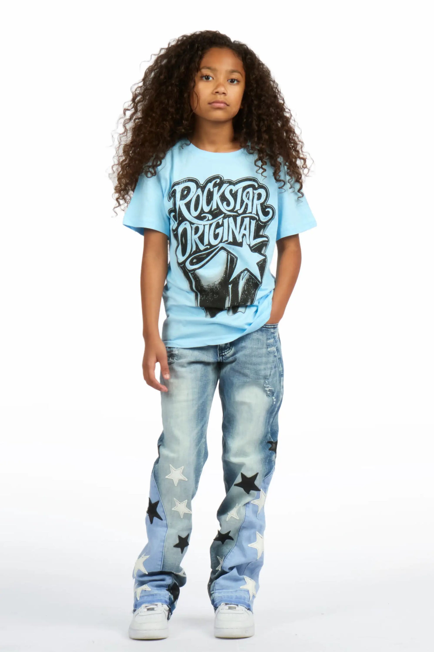 Girls Zayda Light Blue/Blue T-Shirt Stacked Jean Set