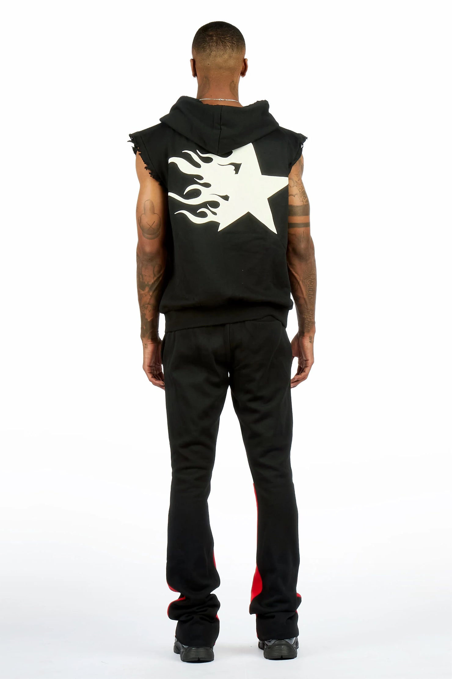 Pluton Black/Red Cut Sleeve Hoodie/Stacked Flare Track Set