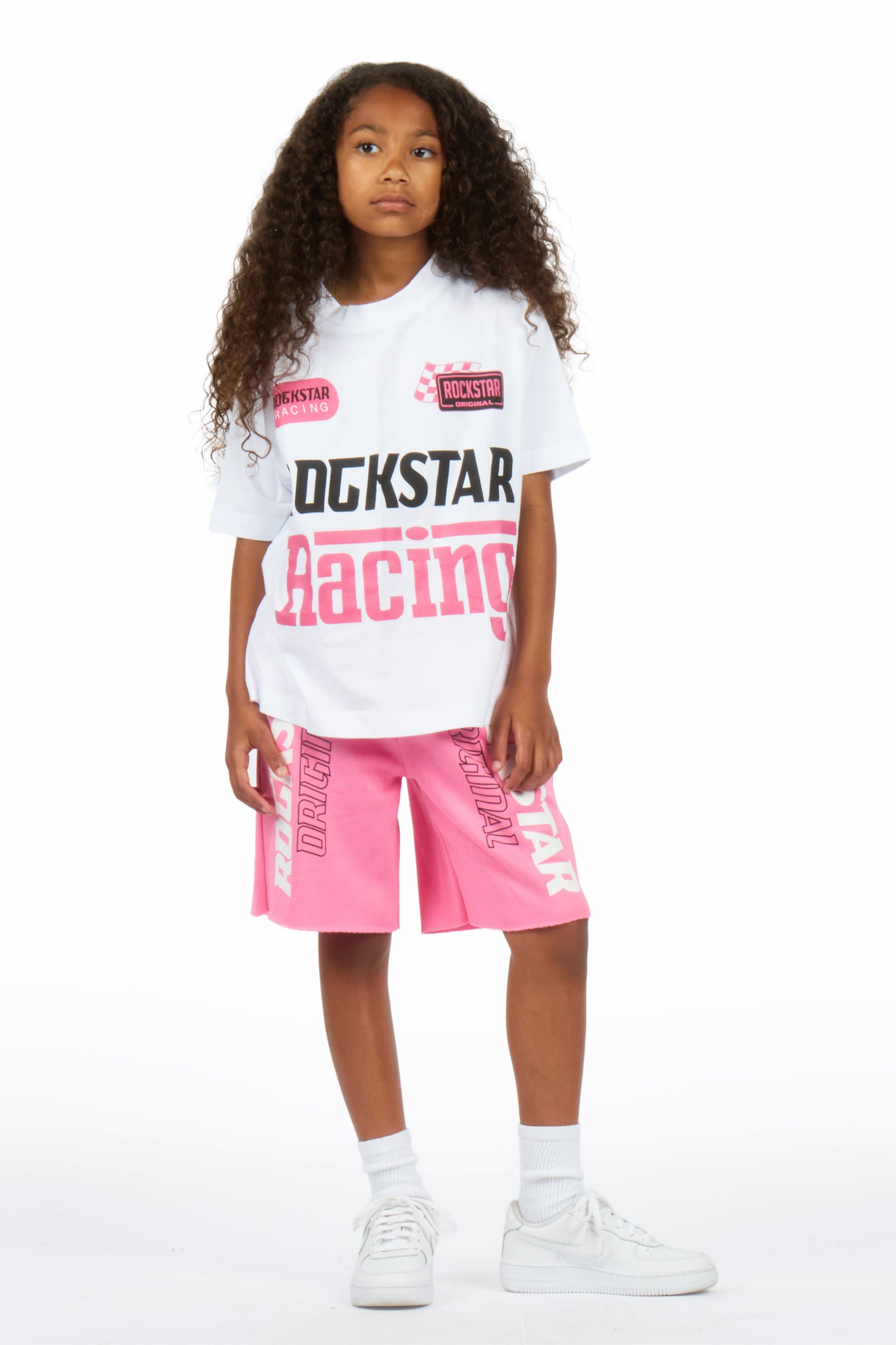 Girls Tarie White/Pink Oversized T-Shirt Short Set