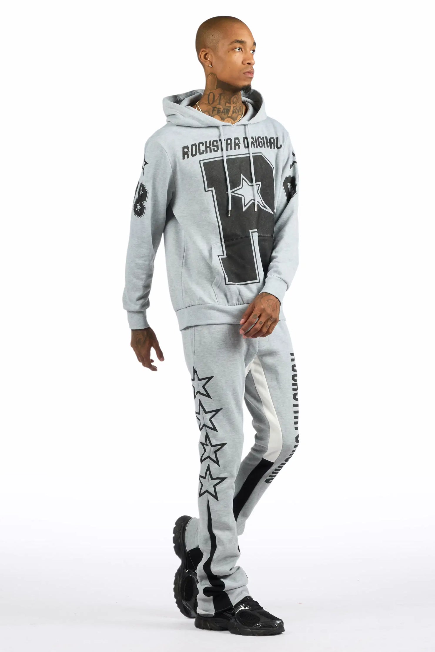 Skender Heather Grey/Black Hoodie/Stacked Flare Track Set
