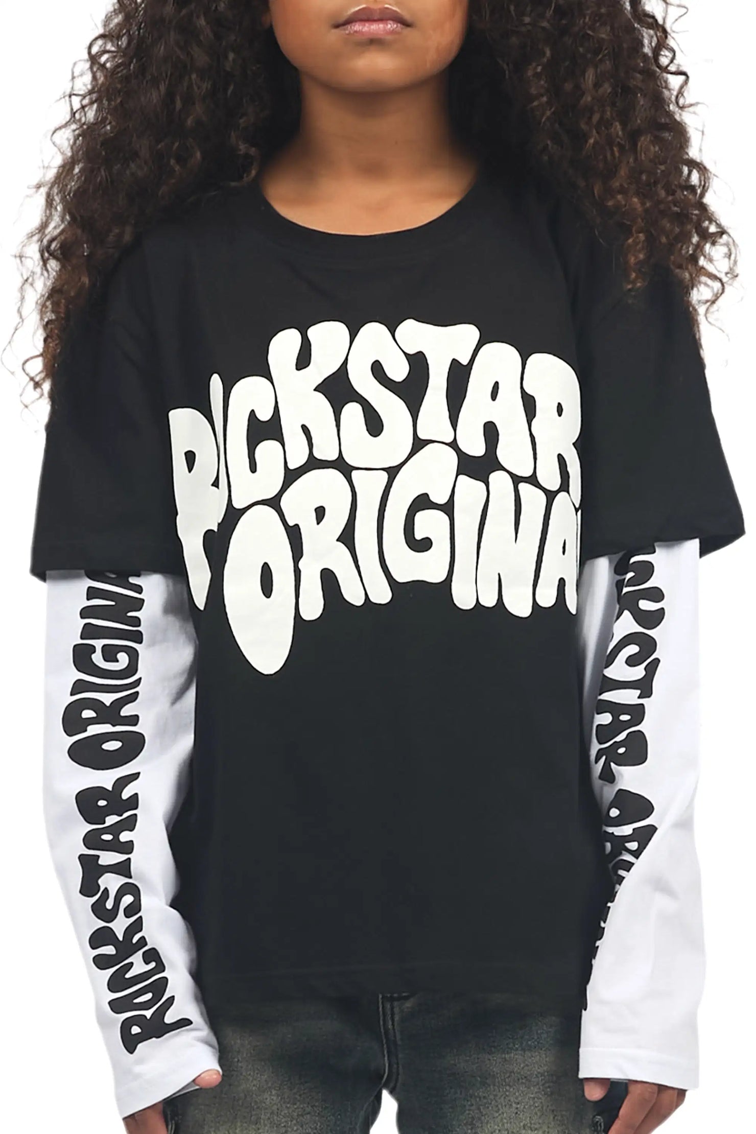 Girls Monique Black/White Double Layer L/S Graphic T-Shirt