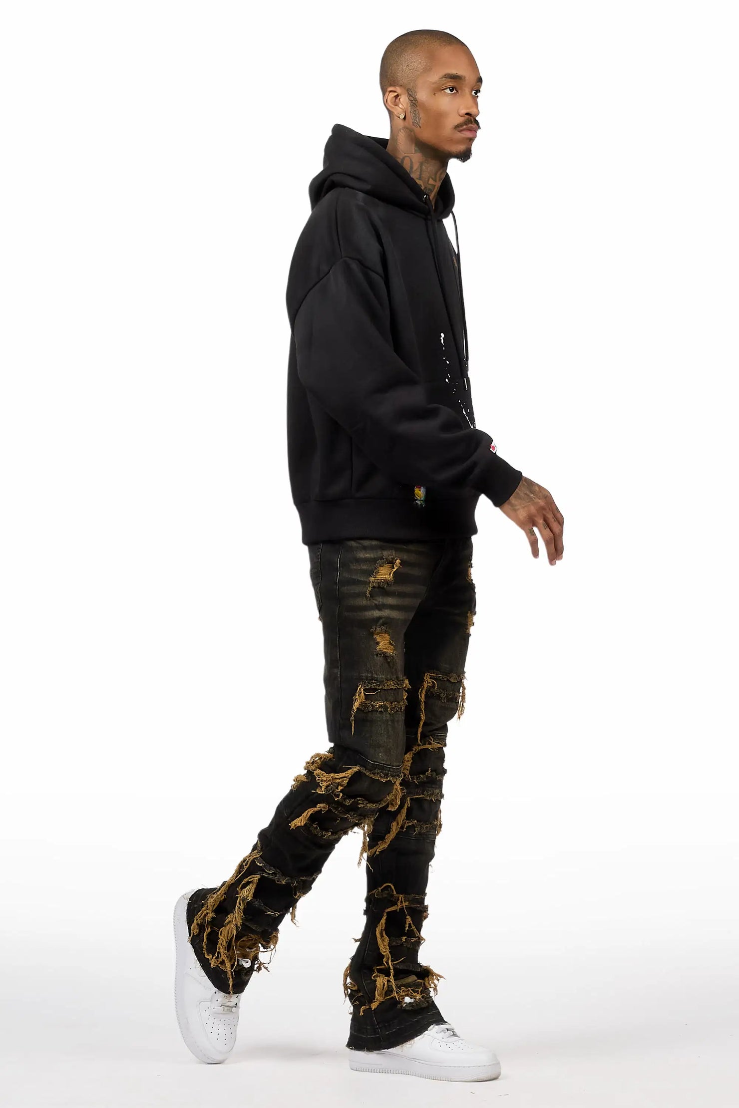 Palmer Black Relaxed Hoodie & Vasco Tint Grey Stacked Flare Jean Set