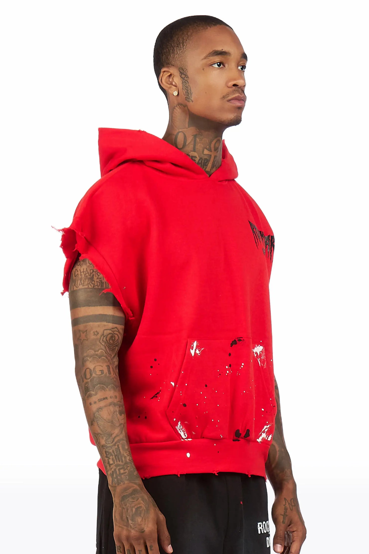 Twinkle Red Painted Cut Sleeve Hoodie
